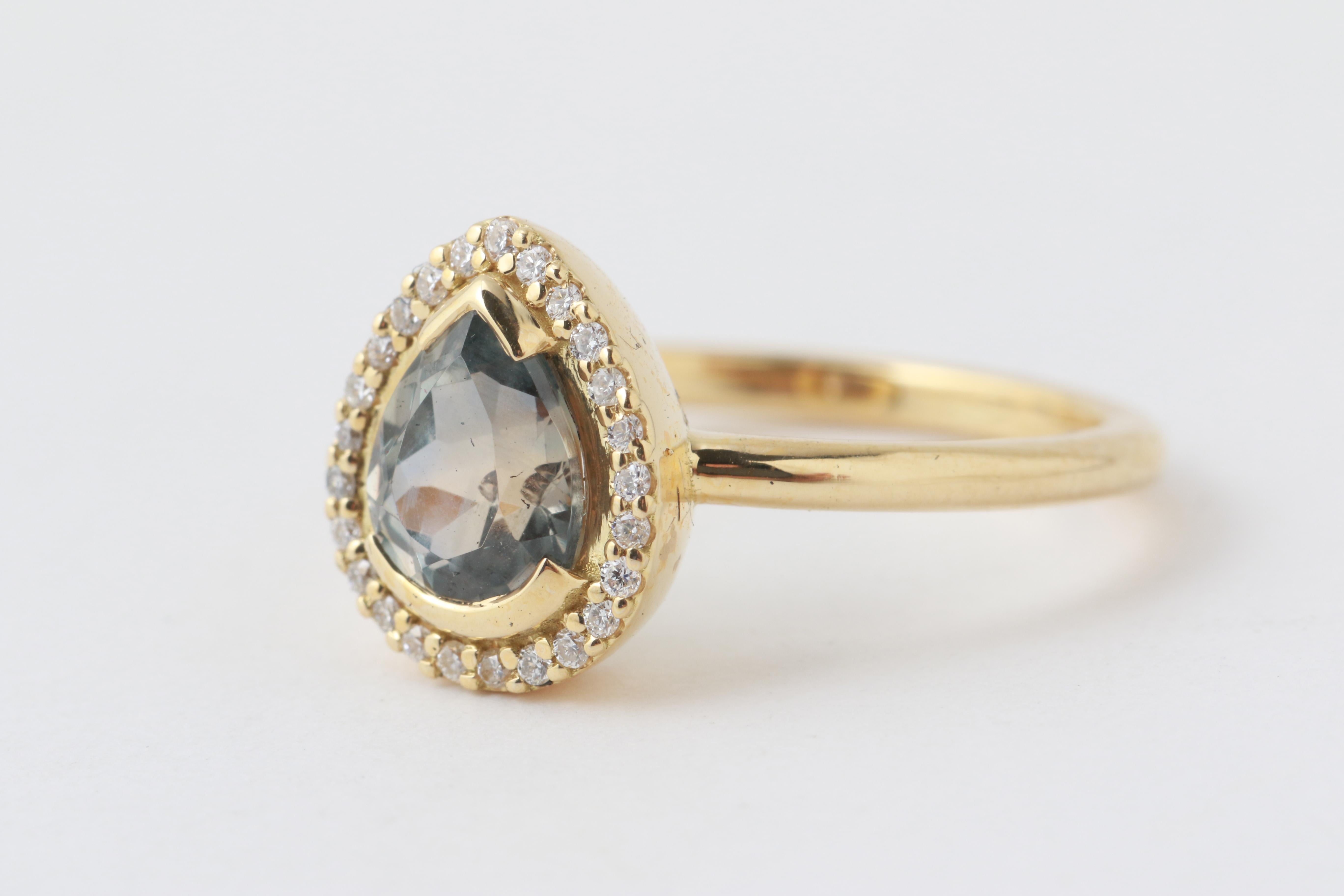 Pear Cut 18k Yellow Gold Montana Sapphire Halo Ring For Sale