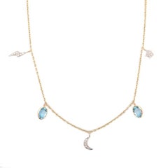 18K Yellow Gold Moon Necklace in Blue Topaz and Diamond