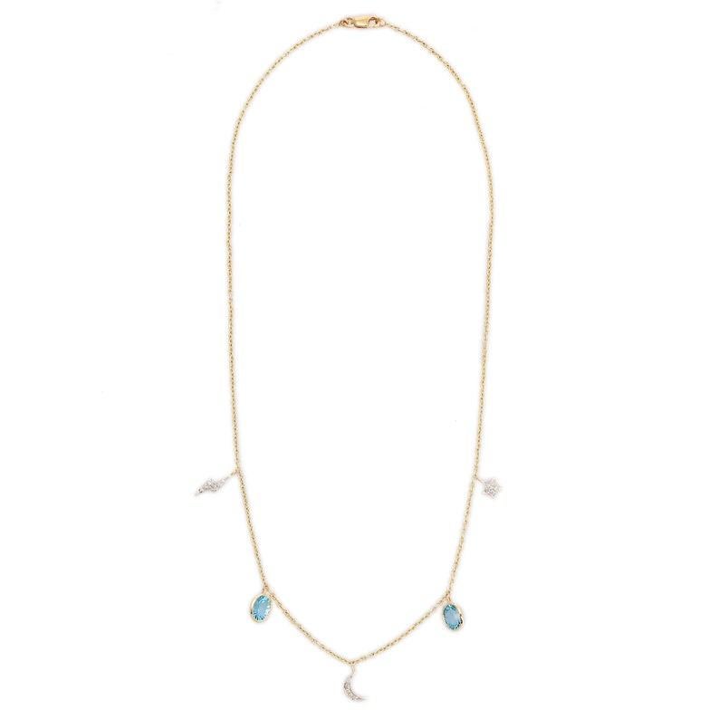 Mixed Cut 18K Yellow Gold Moon Necklace in Blue Topaz and Diamond