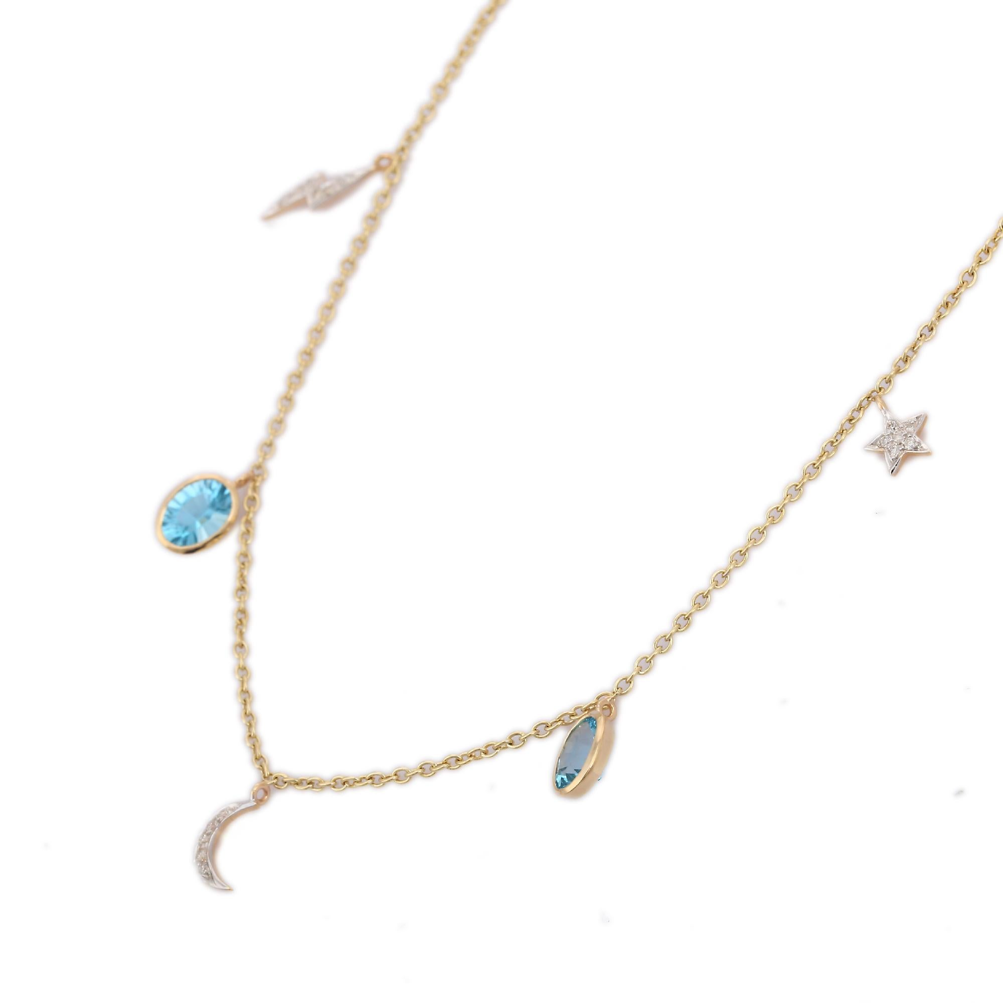 18K Yellow Gold Moon Necklace in Blue Topaz and Diamond In New Condition For Sale In Houston, TX