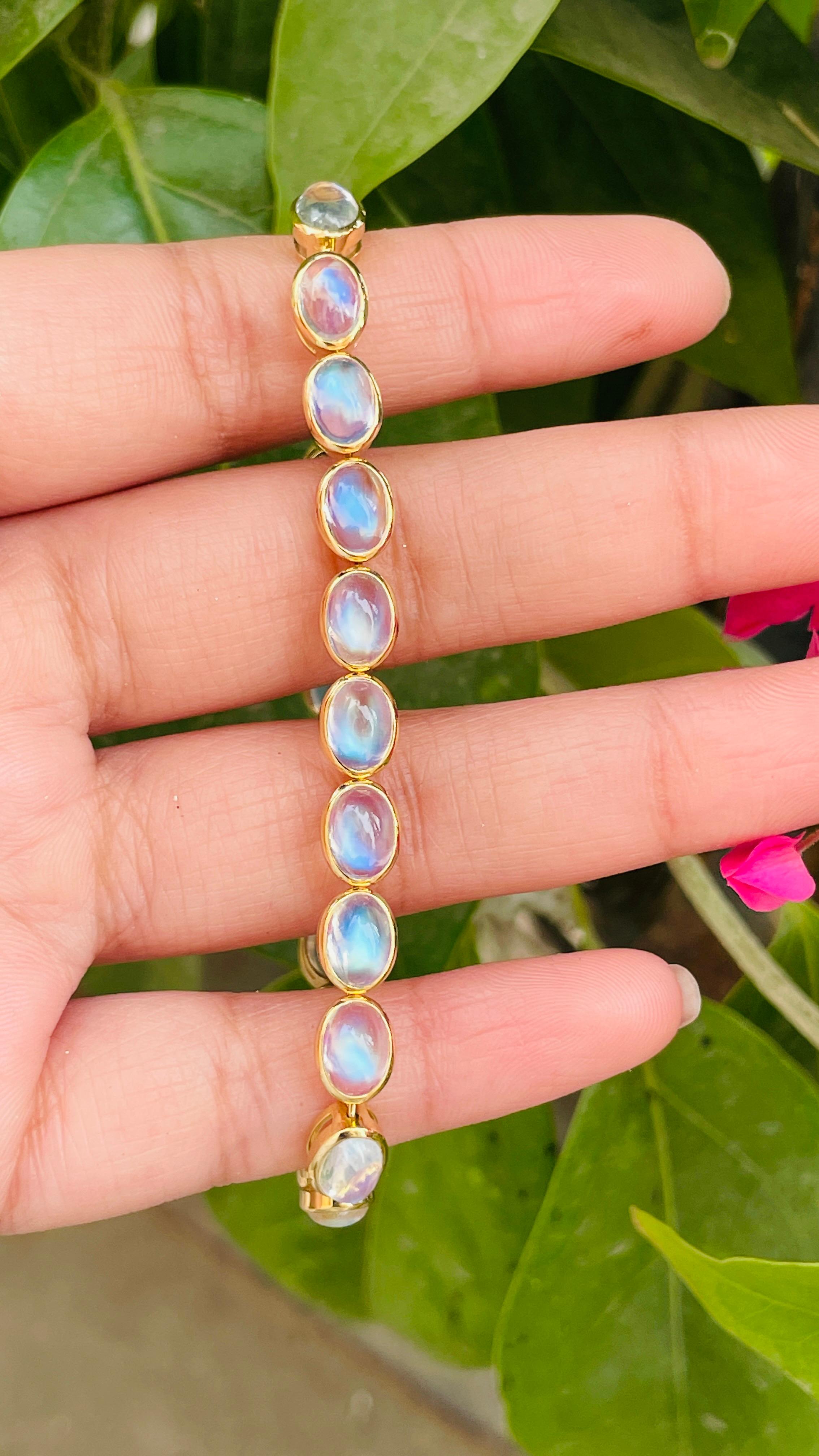 18 Karat massives Gelbgold 17,6 Karat Mondstein-Tennisarmband für sie (Ovalschliff) im Angebot