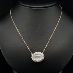 18k Yellow Gold Moonstone w/ Diamond Halo Sideway Pendant Adjustable Necklace