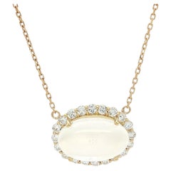 18k Yellow Gold Moonstone w/ Diamond Halo Sideway Pendant Adjustable Necklace