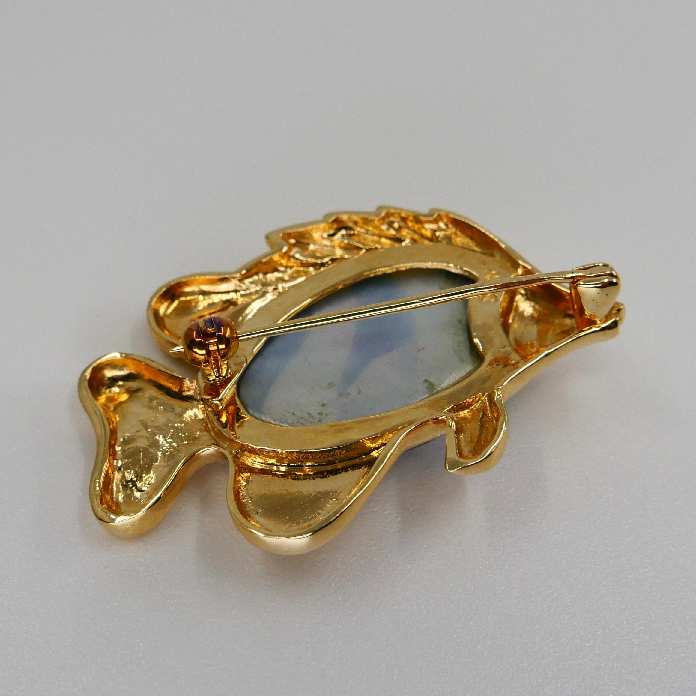 Women's 18K Yellow Gold, Mother of Pearl Inlay and Diamond Fish Brooch For Sale
