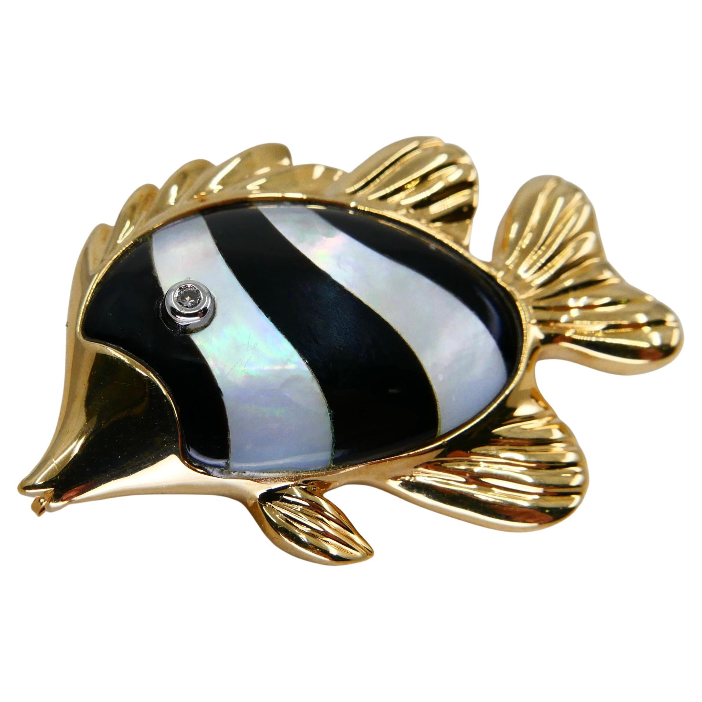 18K Yellow Gold, Mother of Pearl Inlay and Diamond Fish Brooch