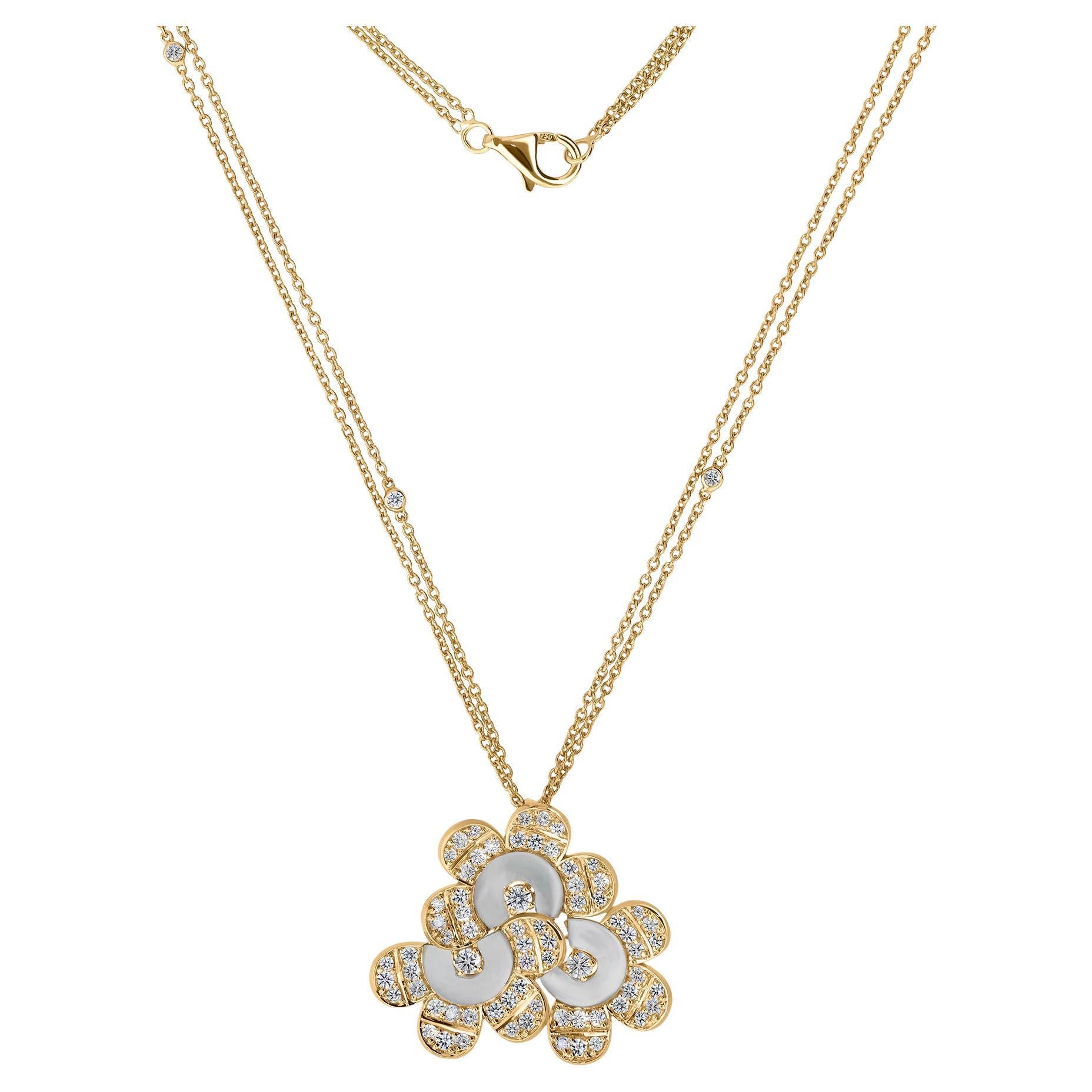18K Yellow Gold 1.89ct Diamond & Mother of Pearl Flower Pendant HRD Certified