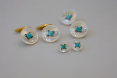 18K Yellow Gold Mother of Pearl Turquoise Diamond Button Cuff Links
