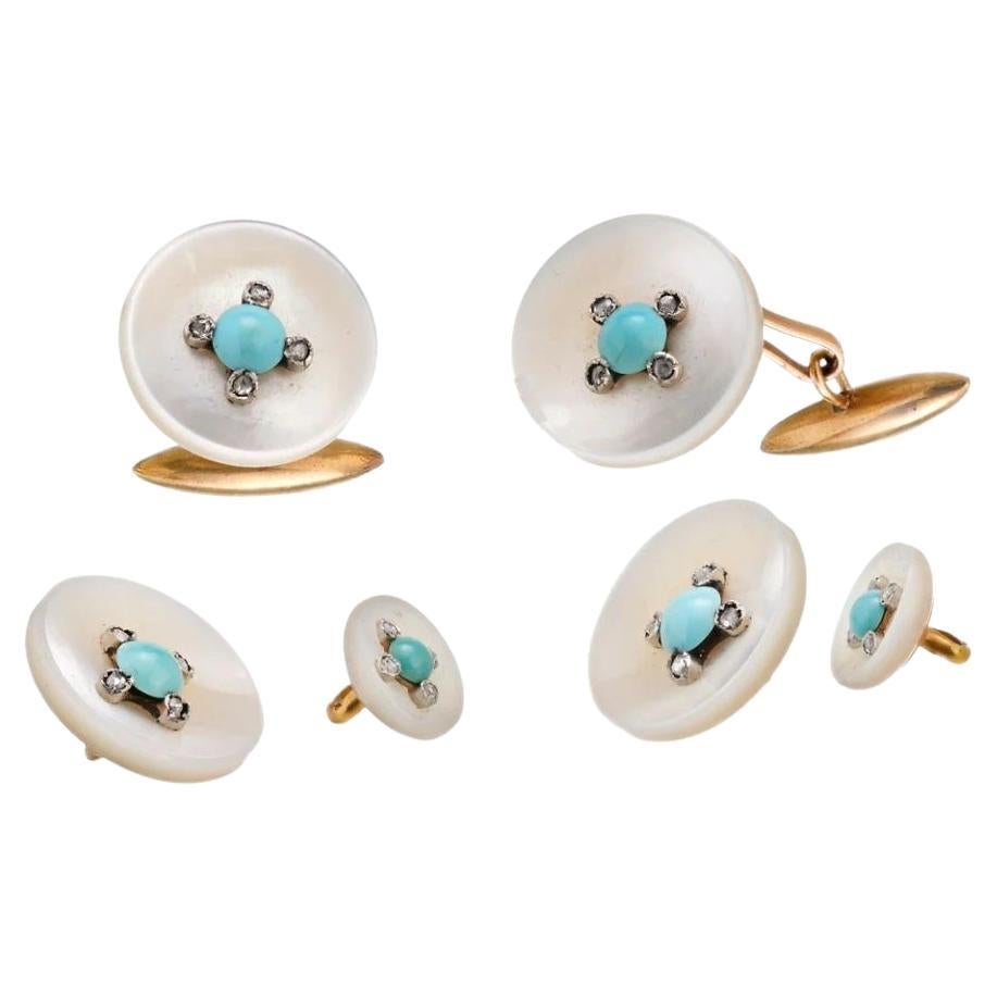 18K Yellow Gold Mother of Pearl Turquoise Diamond Button Cuff Links For Sale