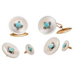 Vintage 18K Yellow Gold Mother of Pearl Turquoise Diamond Button Cuff Links