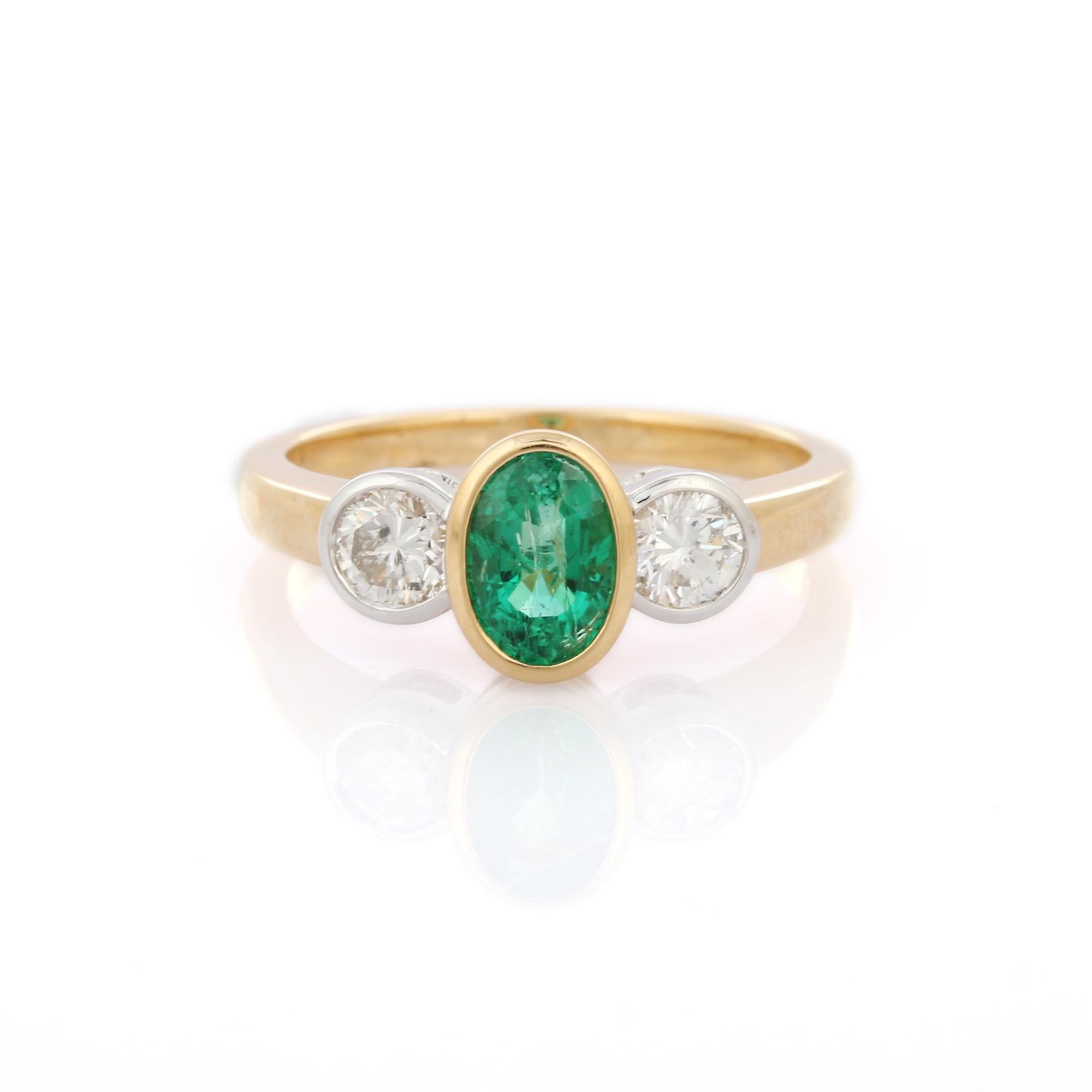 For Sale:  18K Solid Yellow Gold Bezel Set Oval Cut Emerald and Diamond Three Stone Ring  2