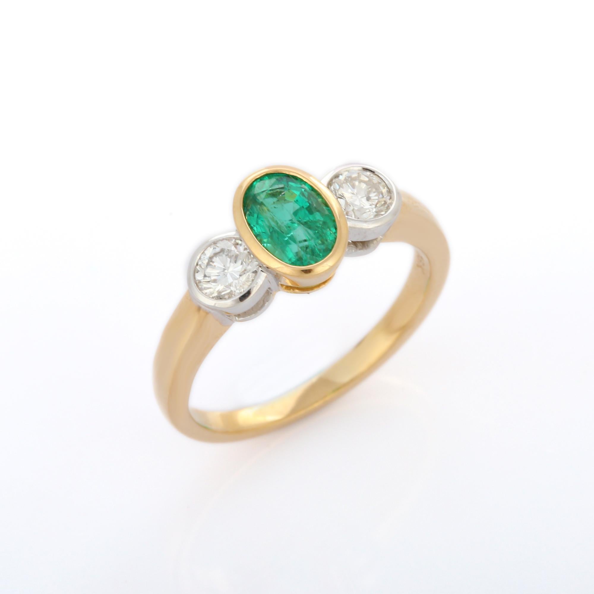 For Sale:  18K Solid Yellow Gold Bezel Set Oval Cut Emerald and Diamond Three Stone Ring  5