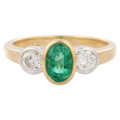 18K Solid Yellow Gold Bezel Set Oval Cut Emerald and Diamond Three Stone Ring 