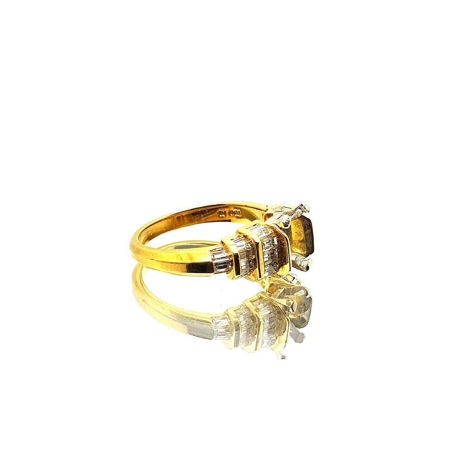  This is a 18K yellow gold mounting ring with baguette diamonds. You can set any stone as a center. The current ring size is 6US, but it can be resized to fit any finger. 
Specifications:
    main stone: CAN BE ANY
    additional: BAGUETTE DIAMONDS
