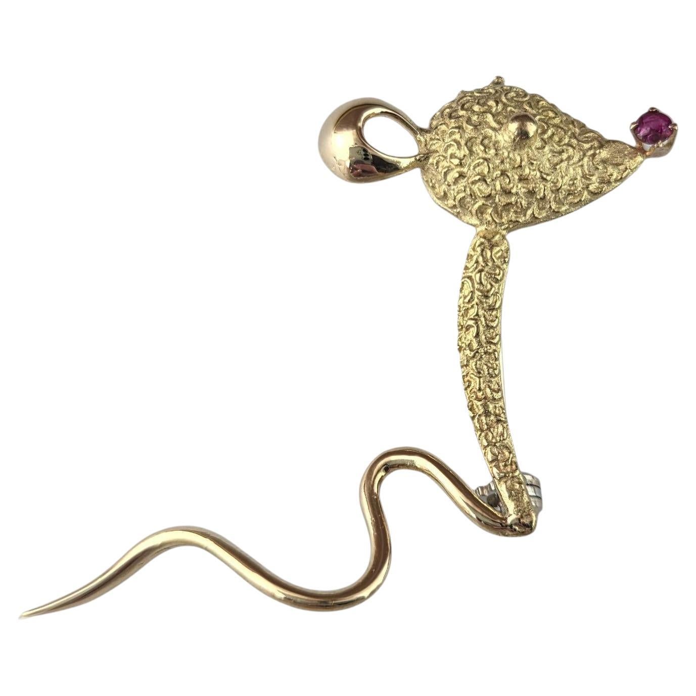 18K Gelbgold Maus Pin mit roten Stein Nase #23640