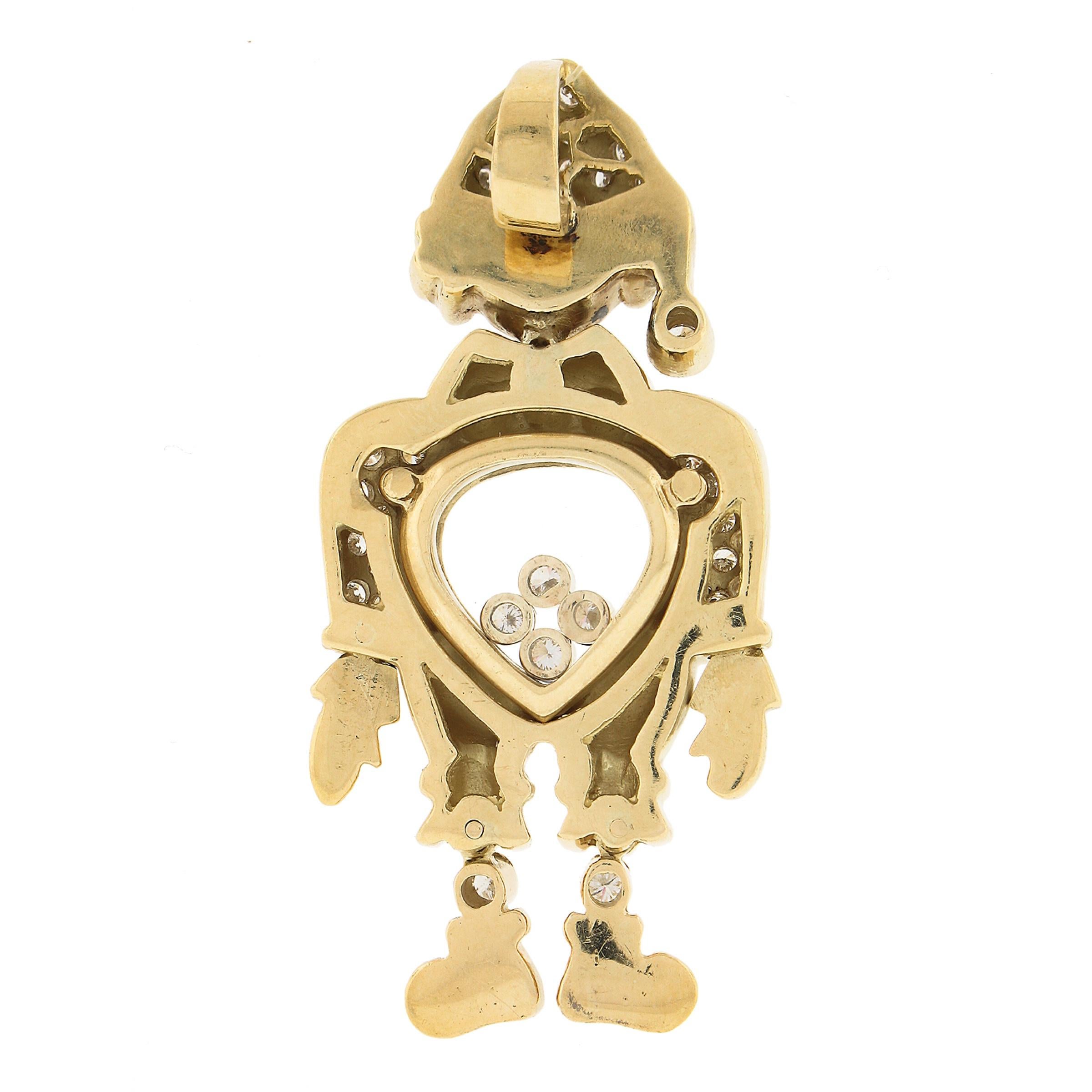 18K Yellow Gold Moving Boy Clown Large Pendant 0.65ctw Floating Round Diamonds In Good Condition For Sale In Montclair, NJ