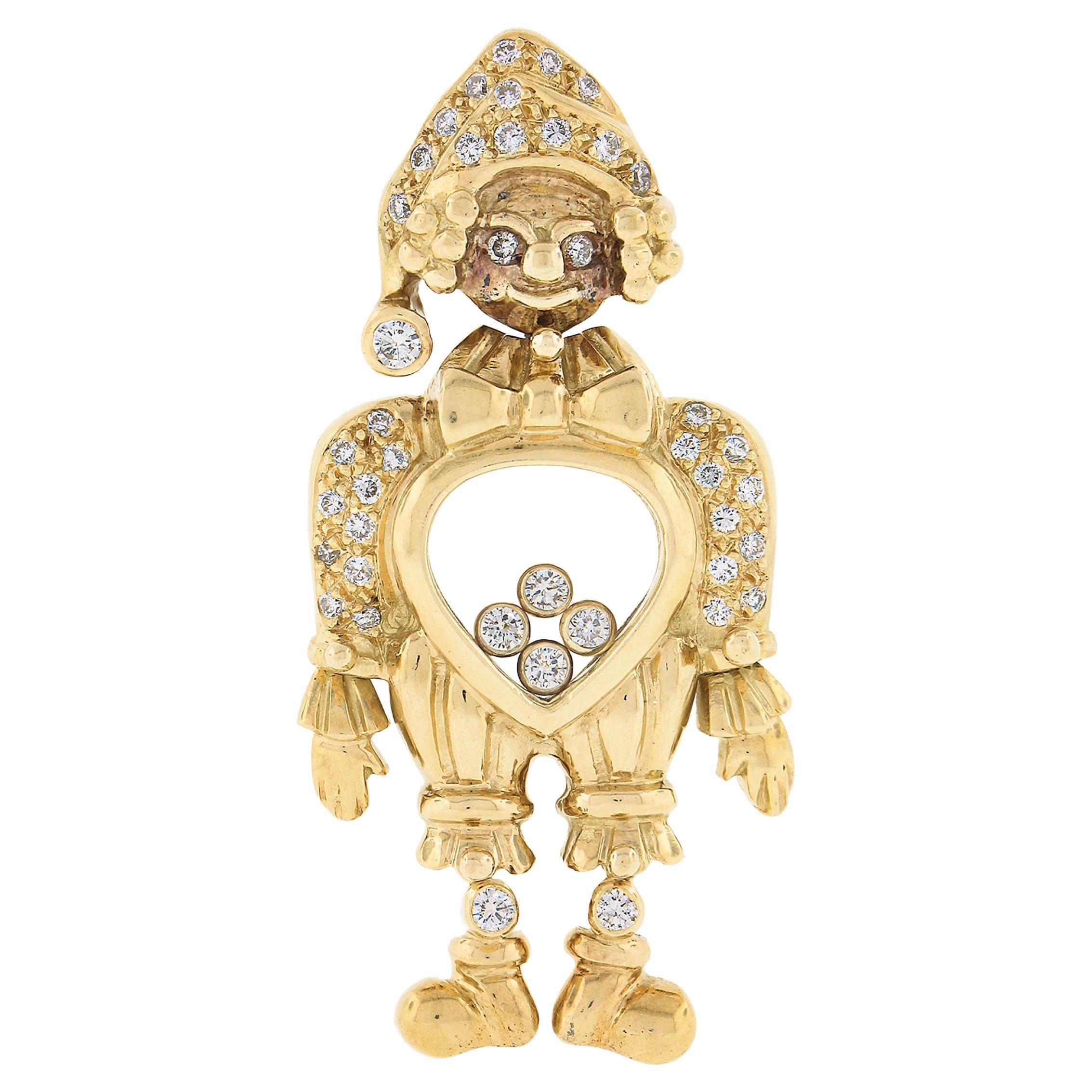 18K Yellow Gold Moving Boy Clown Large Pendant 0.65ctw Floating Round Diamonds For Sale