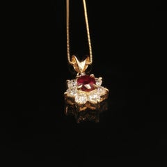 18K Yellow Gold Mozambique Ruby Diamond Flower Pendant Necklace 18'' Estate