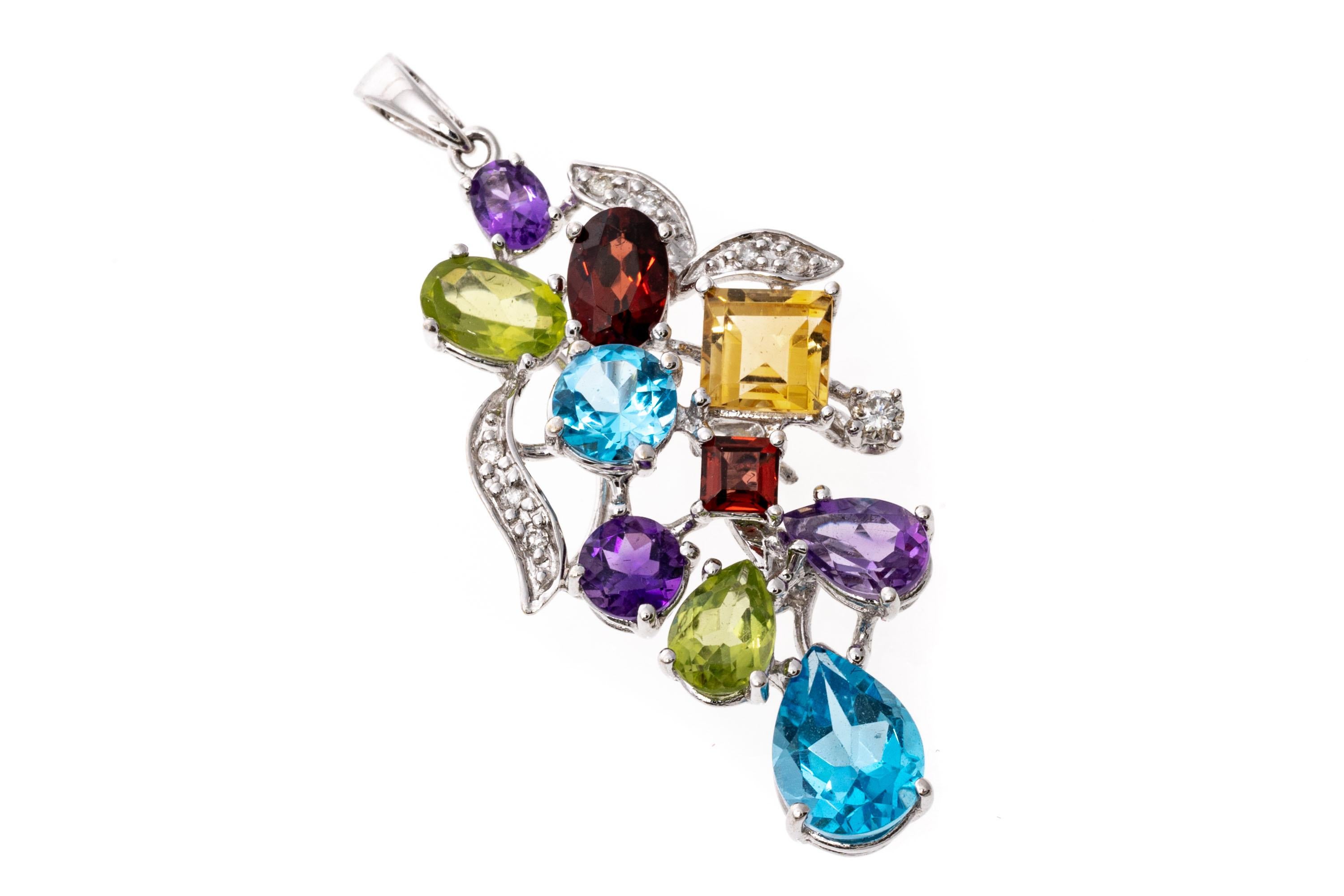 Contemporary 18k White Gold Multi-Color Gemstone and Diamond Grape Cluster Pendant For Sale