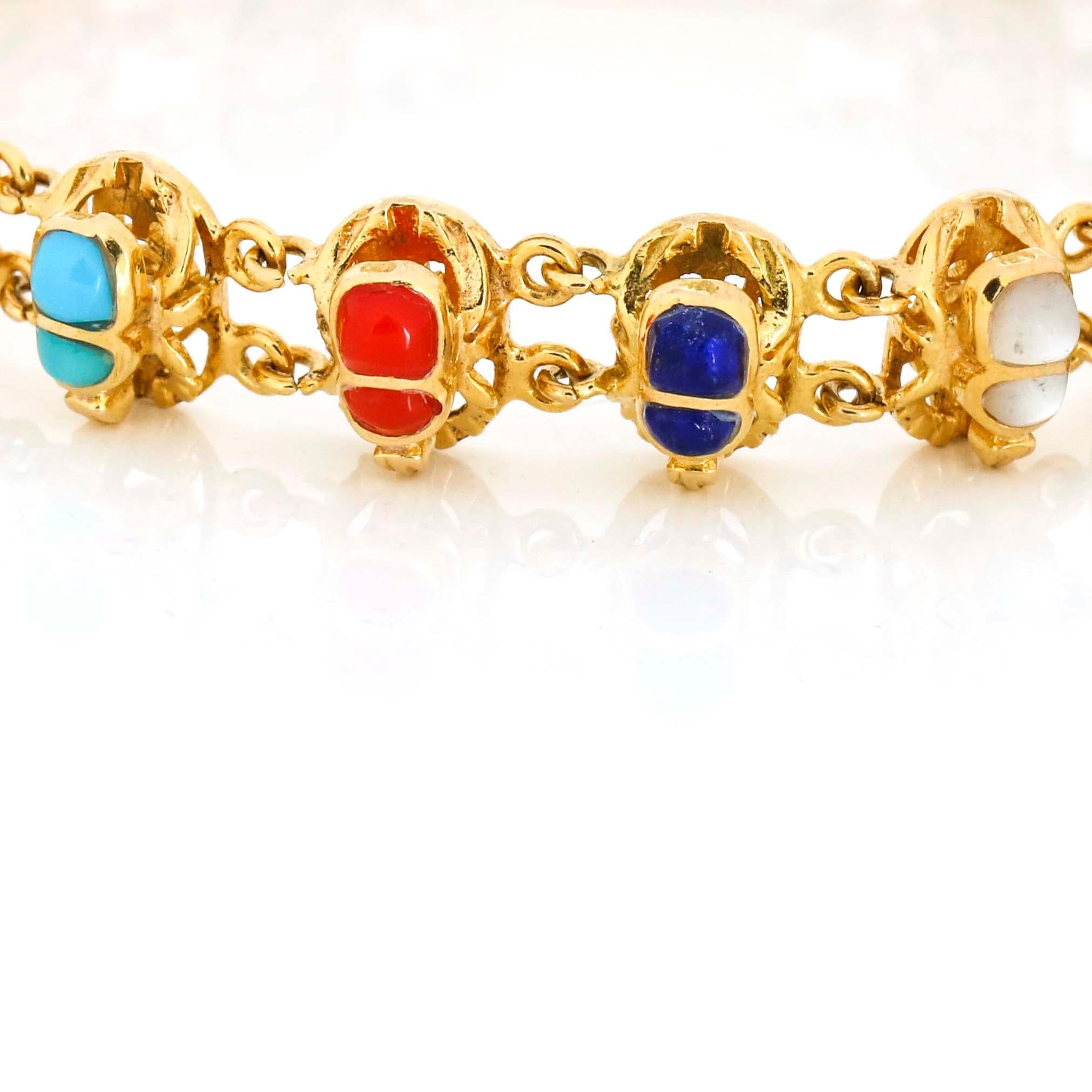 Contemporary 18 Karat Yellow Gold Multi-Color Gemstone Scarab Link Bracelet For Sale