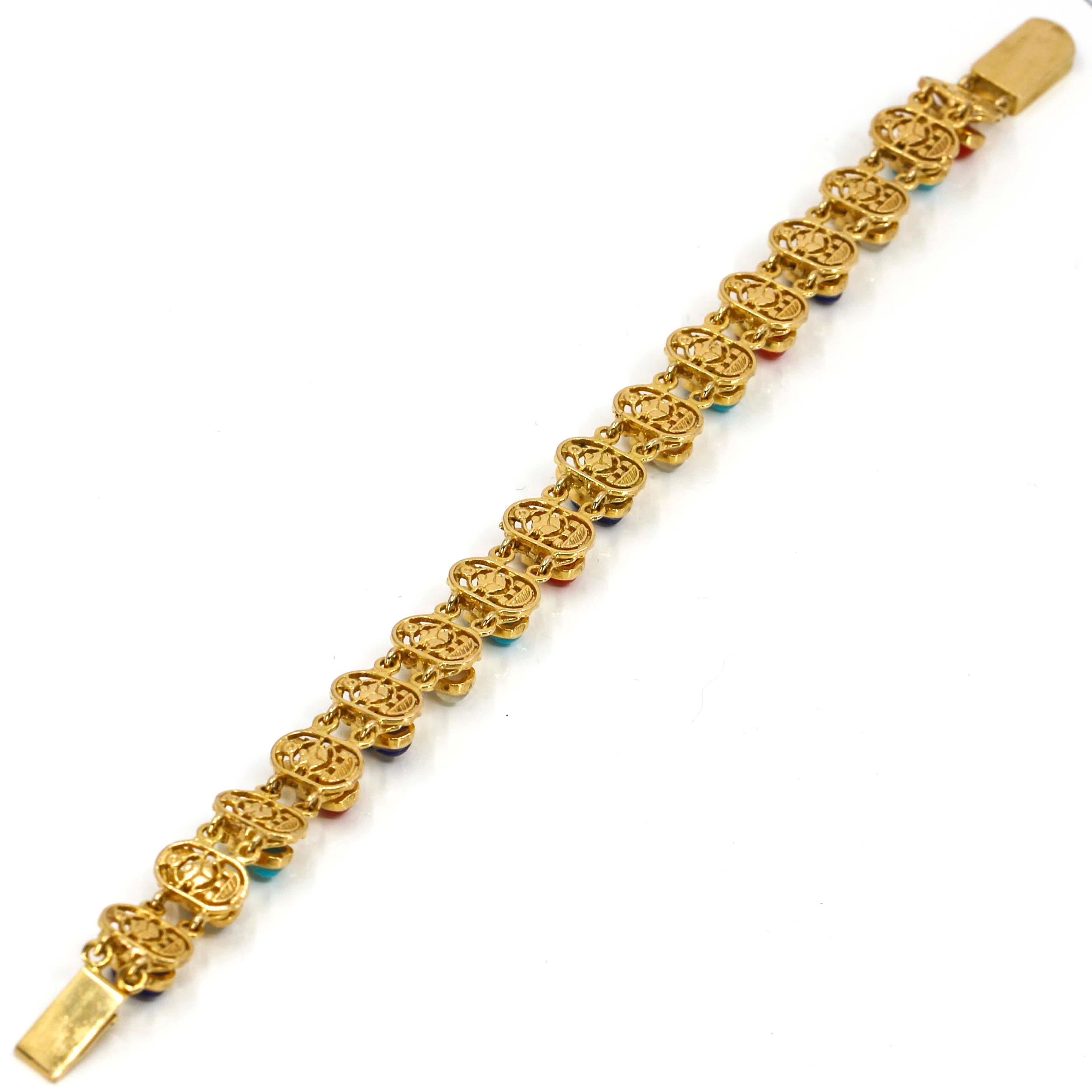 18 Karat Yellow Gold Multi-Color Gemstone Scarab Link Bracelet For Sale 1