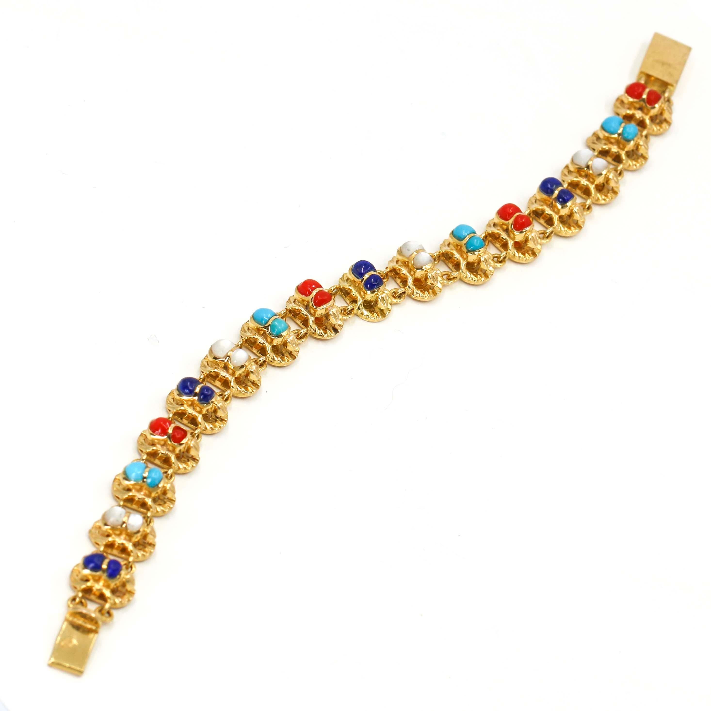 18 Karat Yellow Gold Multi-Color Gemstone Scarab Link Bracelet For Sale 2