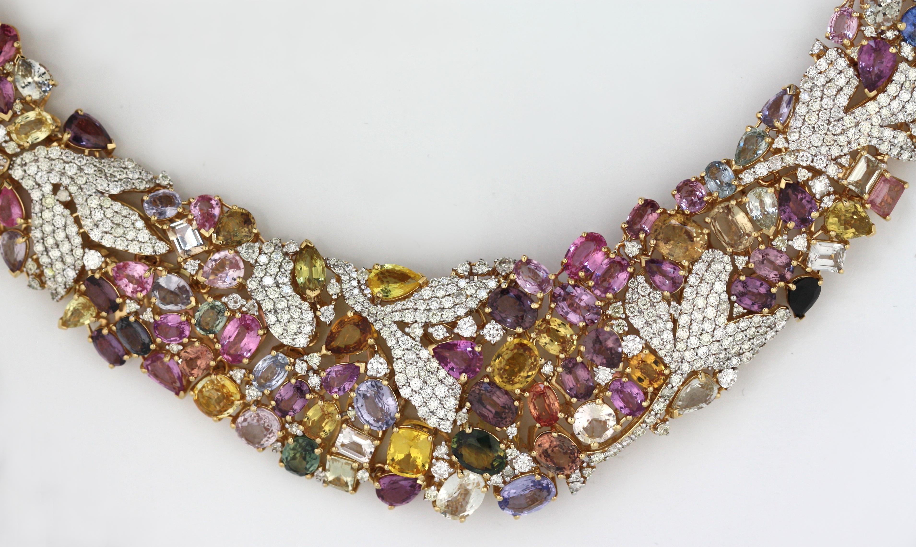 Round Cut 18K Yellow Gold Multi Color Sapphire and Diamond Collar Necklace