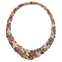 18K Yellow Gold Multi Color Sapphire and Diamond Collar Necklace