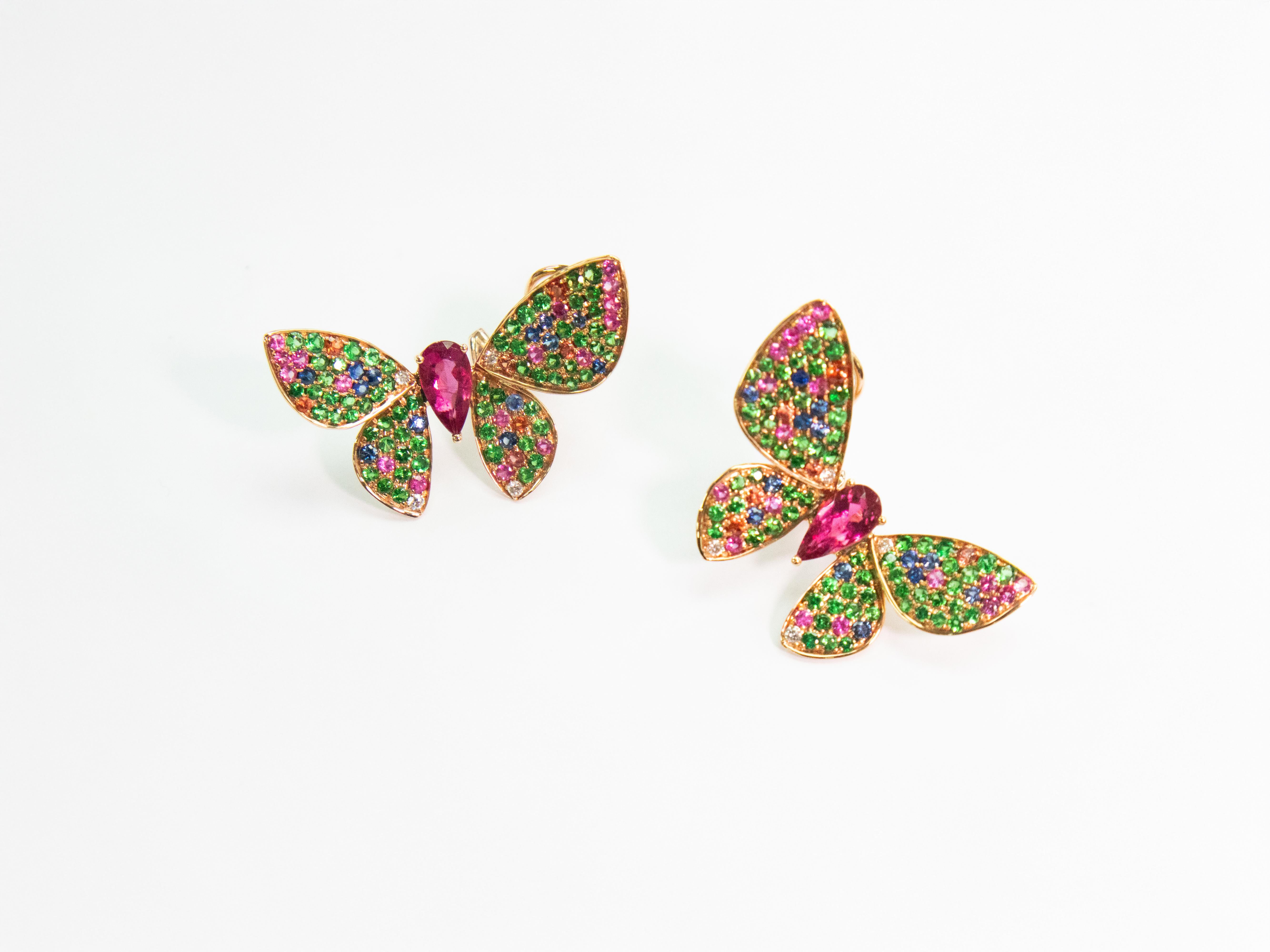 Modern 18K Yellow Gold Multi-Color Sapphire Butterfly Earrings For Sale