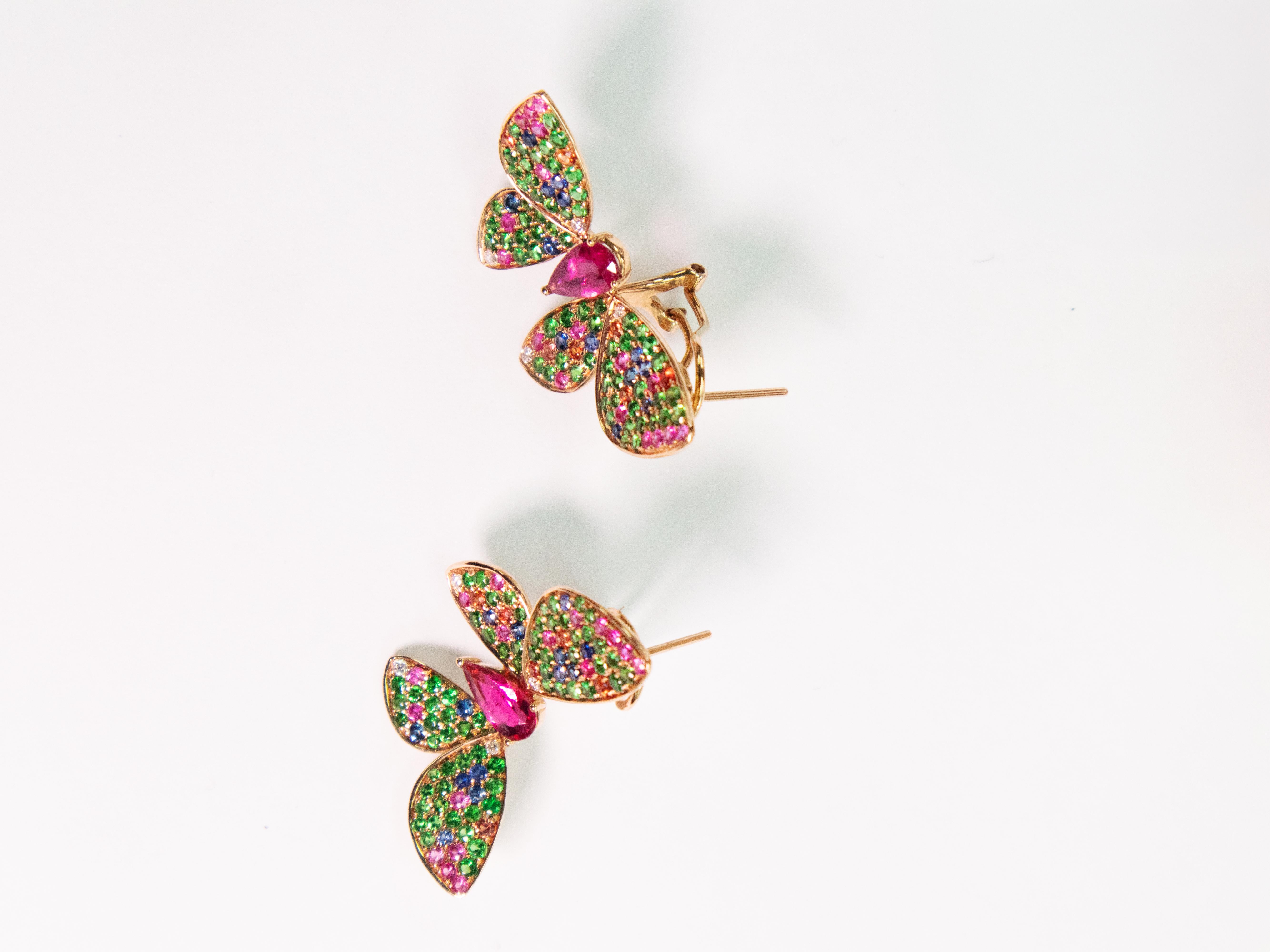 Brilliant Cut 18K Yellow Gold Multi-Color Sapphire Butterfly Earrings For Sale