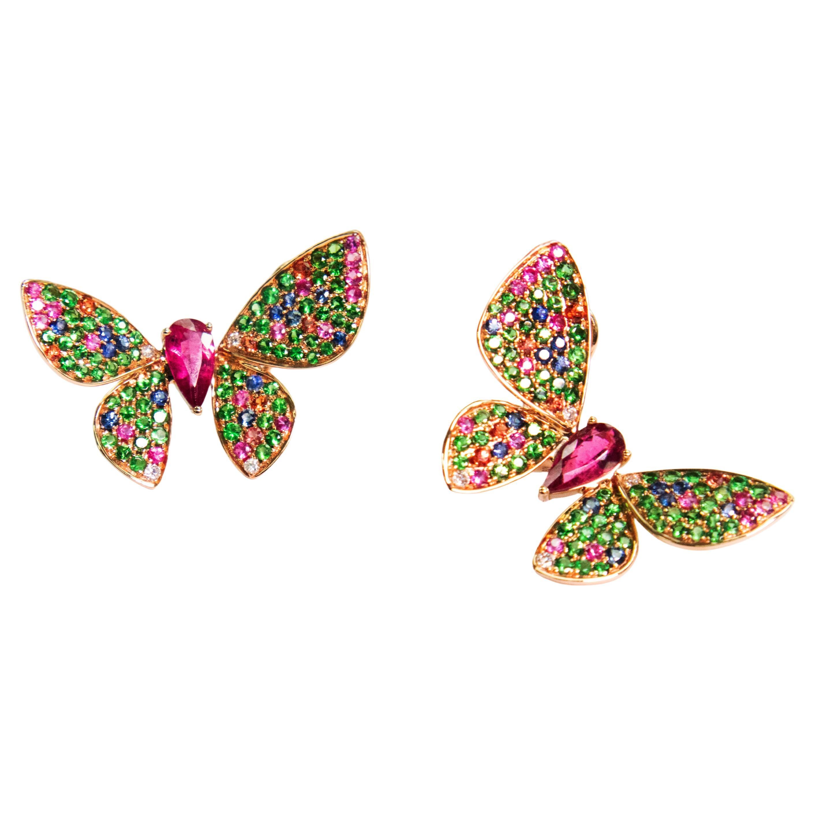 18K Yellow Gold Multi-Color Sapphire Butterfly Earrings