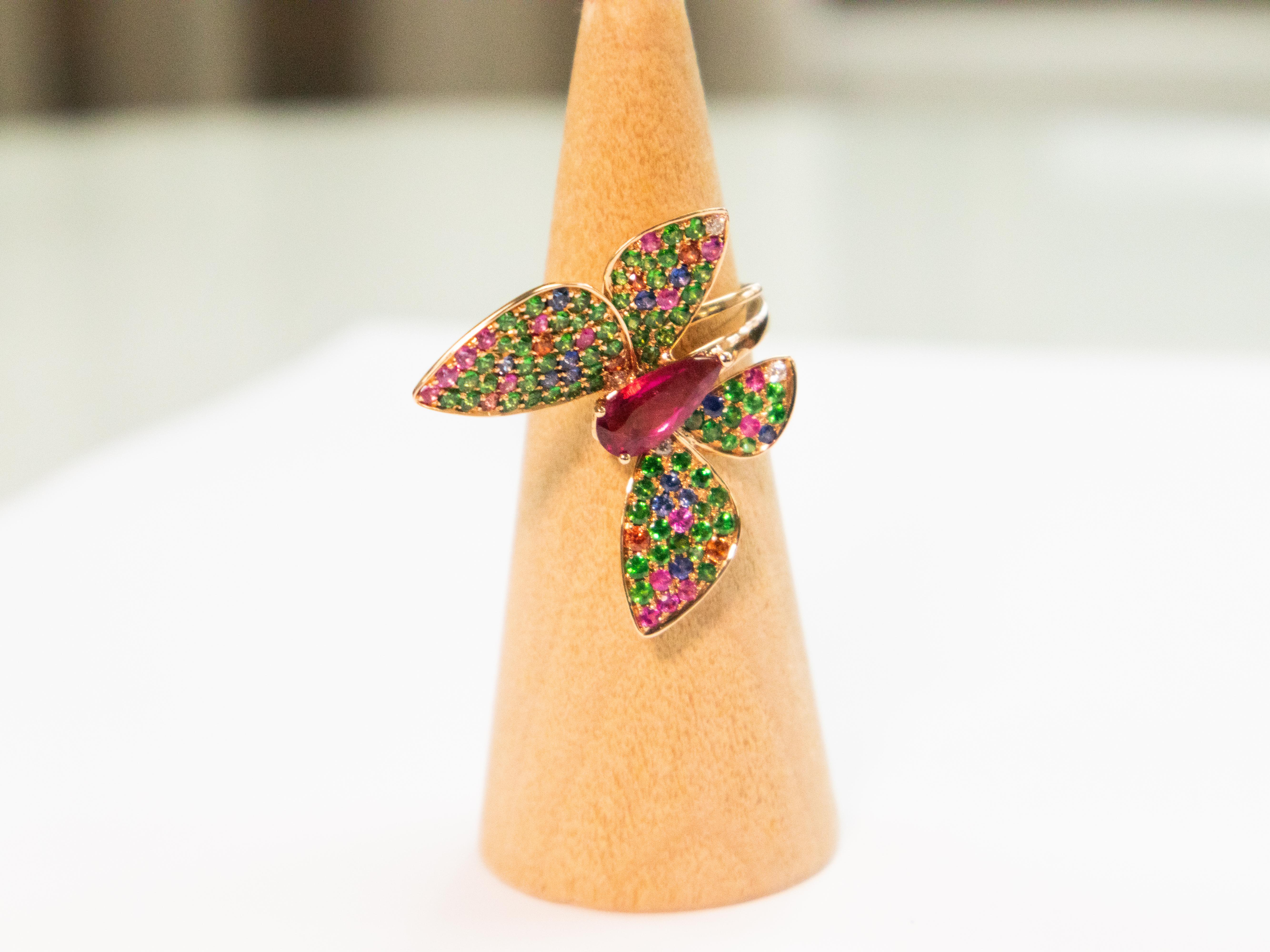 Modern 18K Yellow Gold Multi-Color Sapphire Butterfly Ring