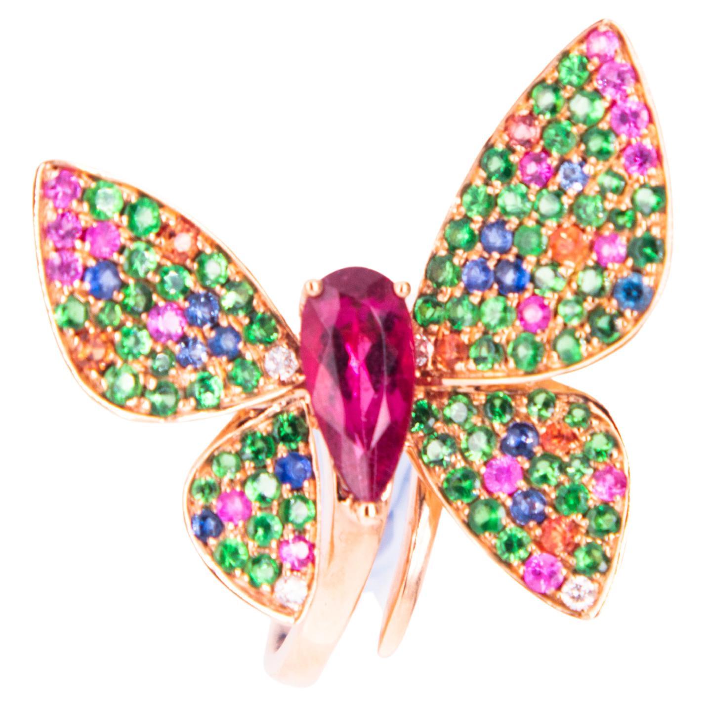 18K Yellow Gold Multi-Color Sapphire Butterfly Ring