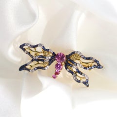 18K Yellow Gold Multi-Color Sapphire Dragonfly Brooch Pendant with Diamonds