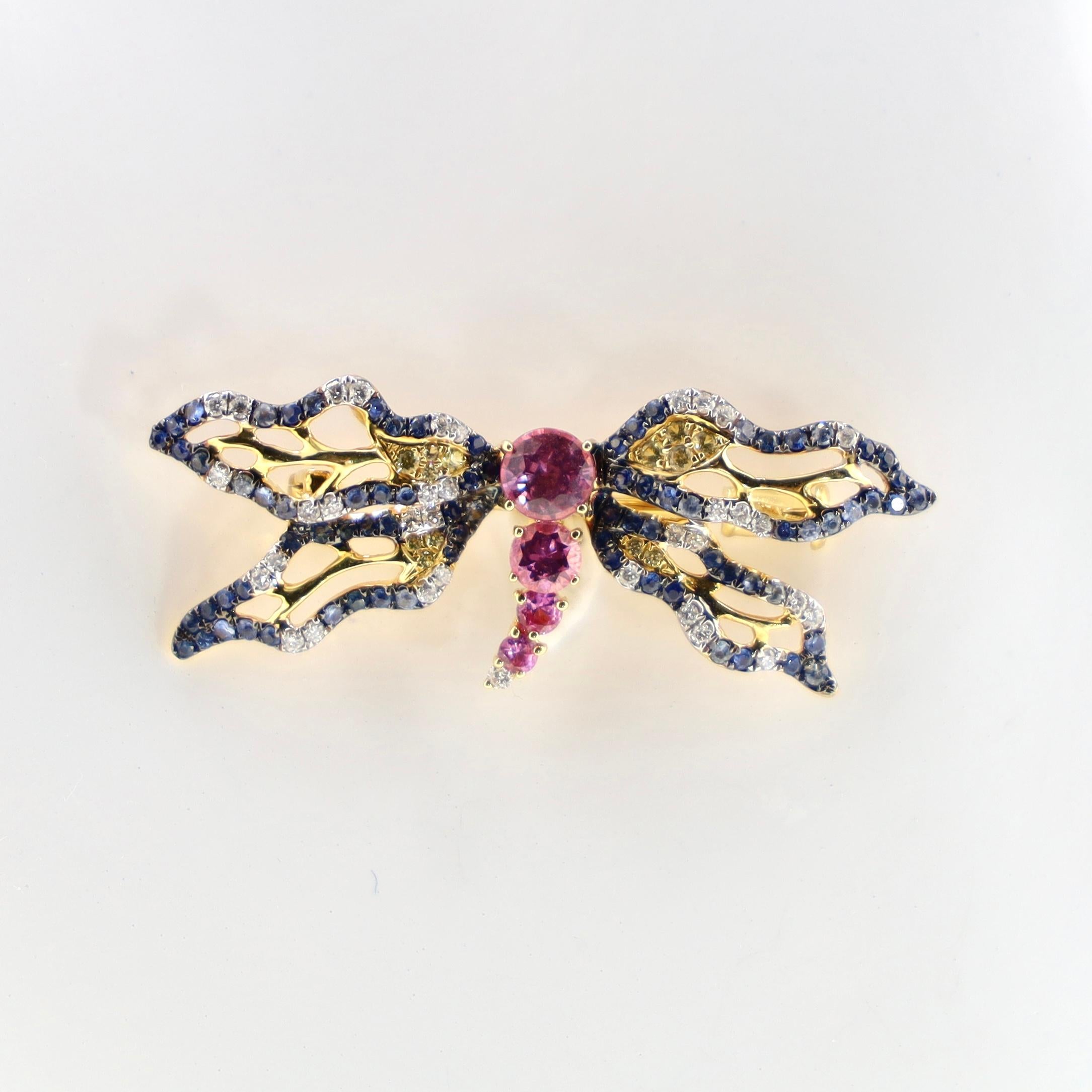 Modern 18K Yellow Gold Multi-Color Sapphire Dragonfly Brooch Pendant with Diamonds For Sale