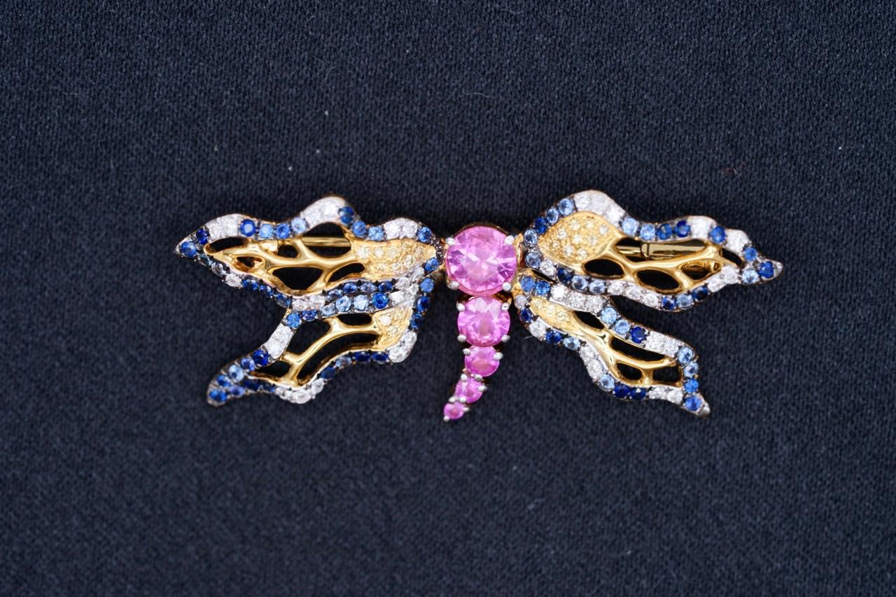 Women's or Men's 18K Yellow Gold Multi-Color Sapphire Dragonfly Brooch Pendant with Diamonds For Sale