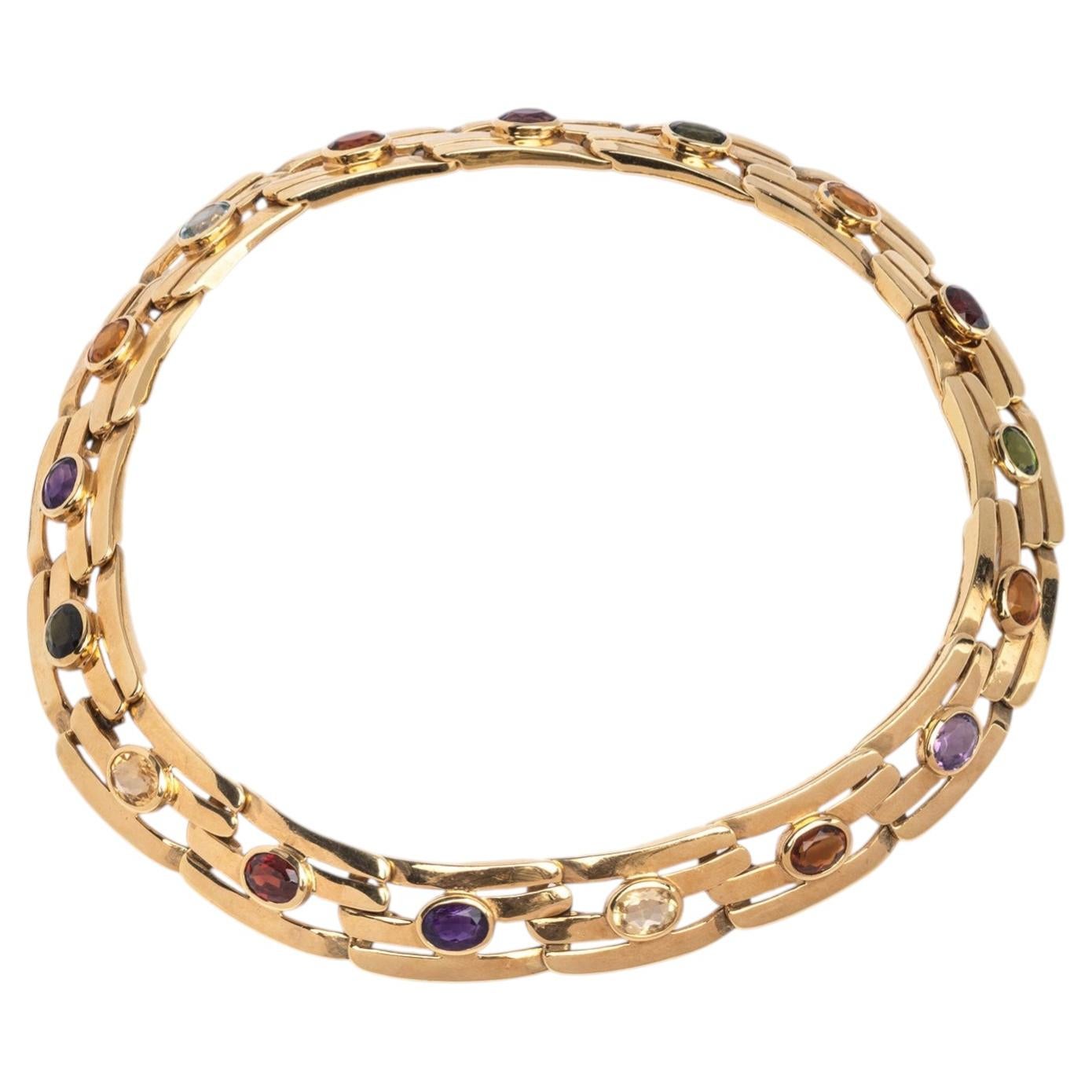 18k Yellow Gold Multi Color Stone Link Necklace
