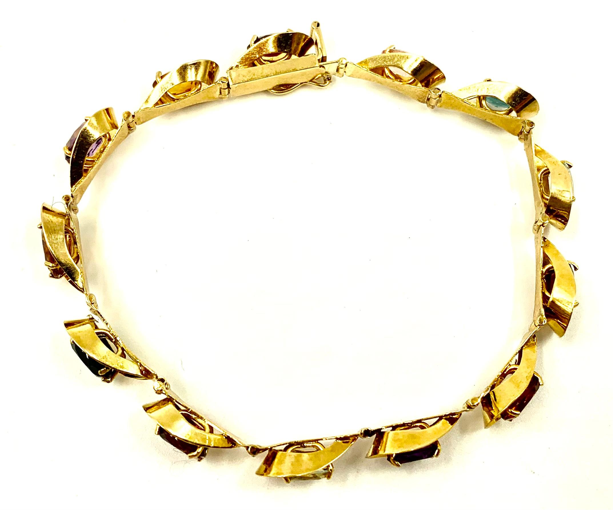 Modern Estate European 18K Yellow Gold Multi-Colored Rainbow Gemstone Link Bracelet For Sale