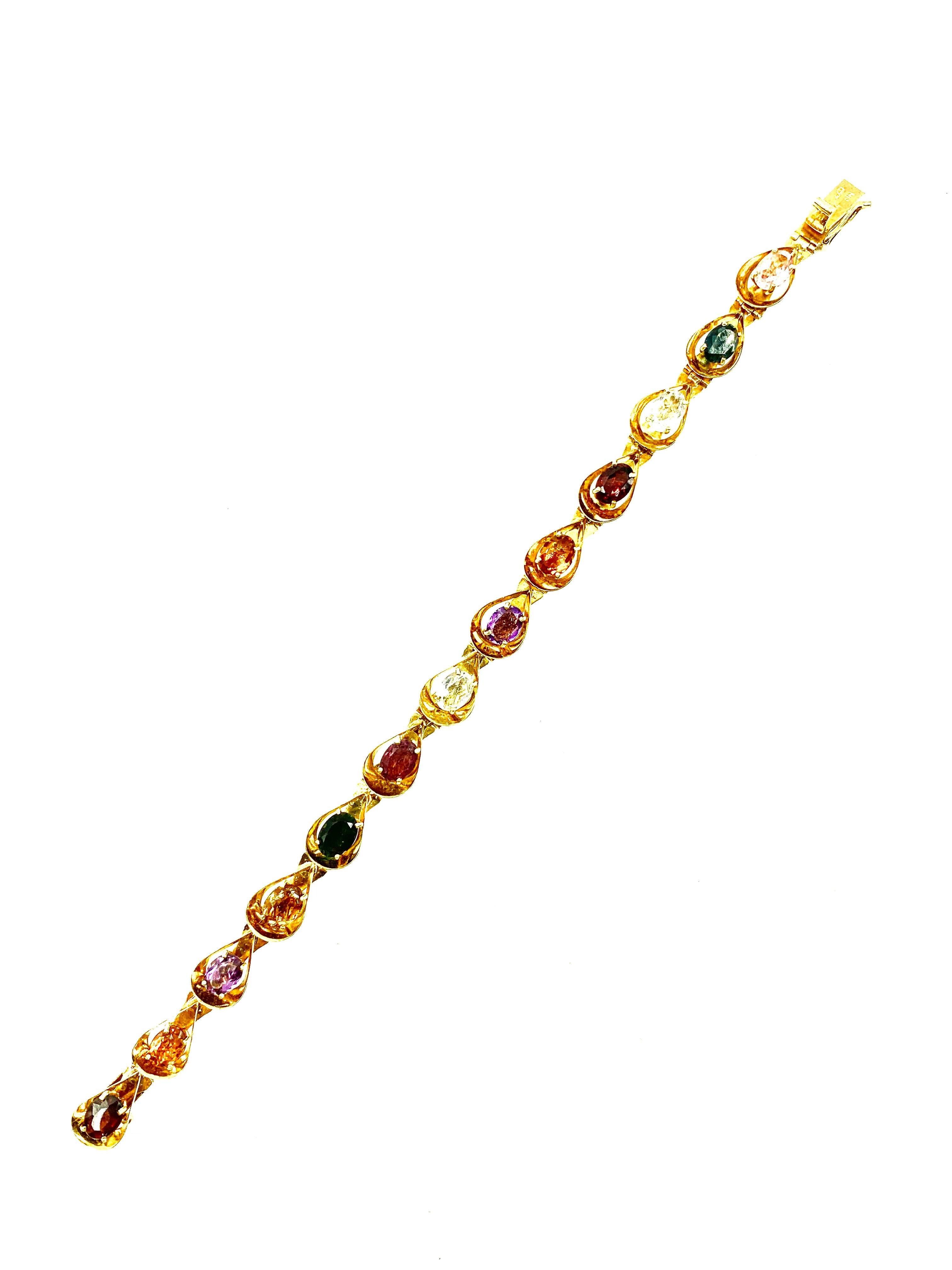 Estate European 18K Yellow Gold Multi-Colored Rainbow Gemstone Link Bracelet For Sale 1