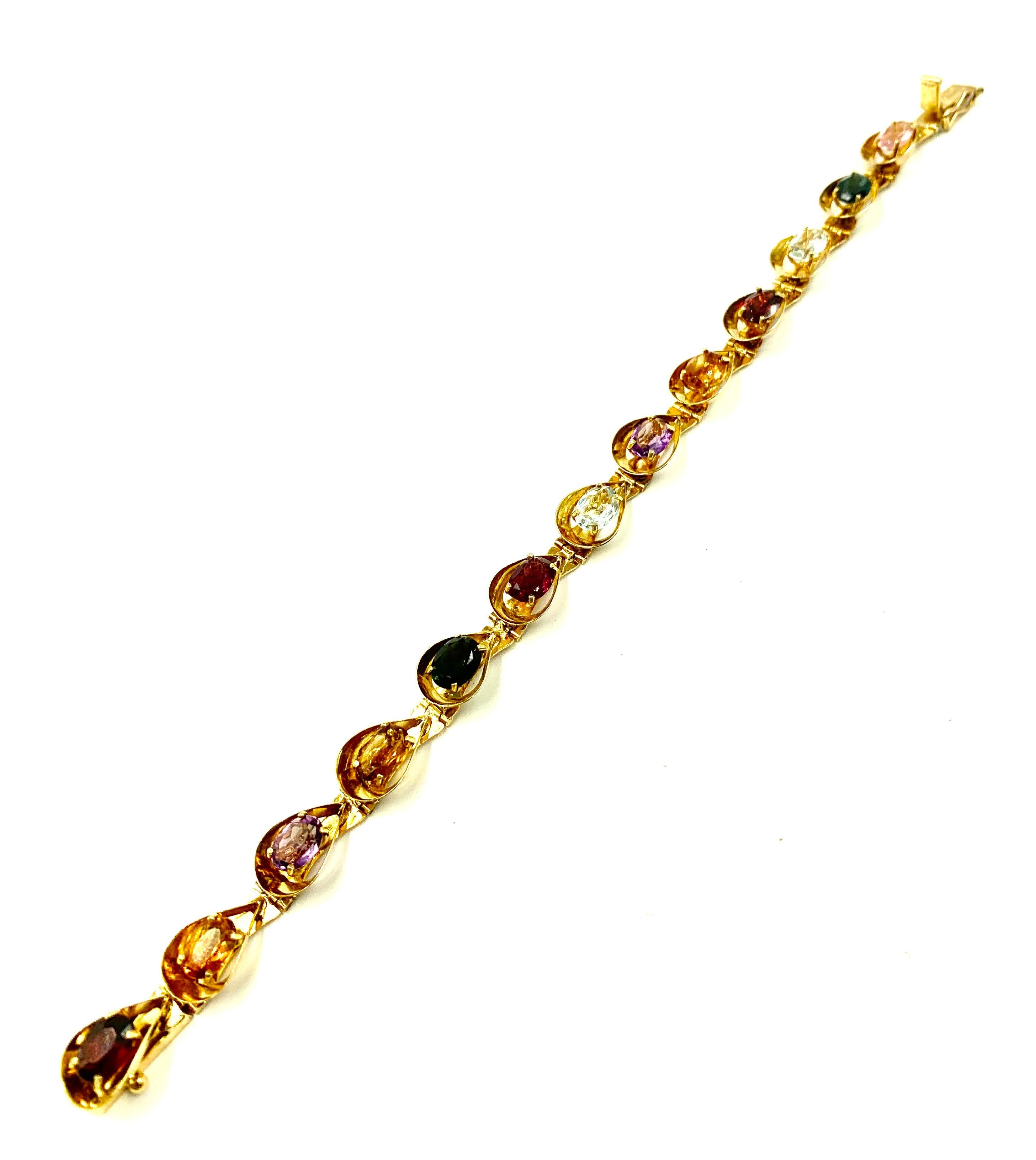 Estate European 18K Yellow Gold Multi-Colored Rainbow Gemstone Link Bracelet For Sale 2