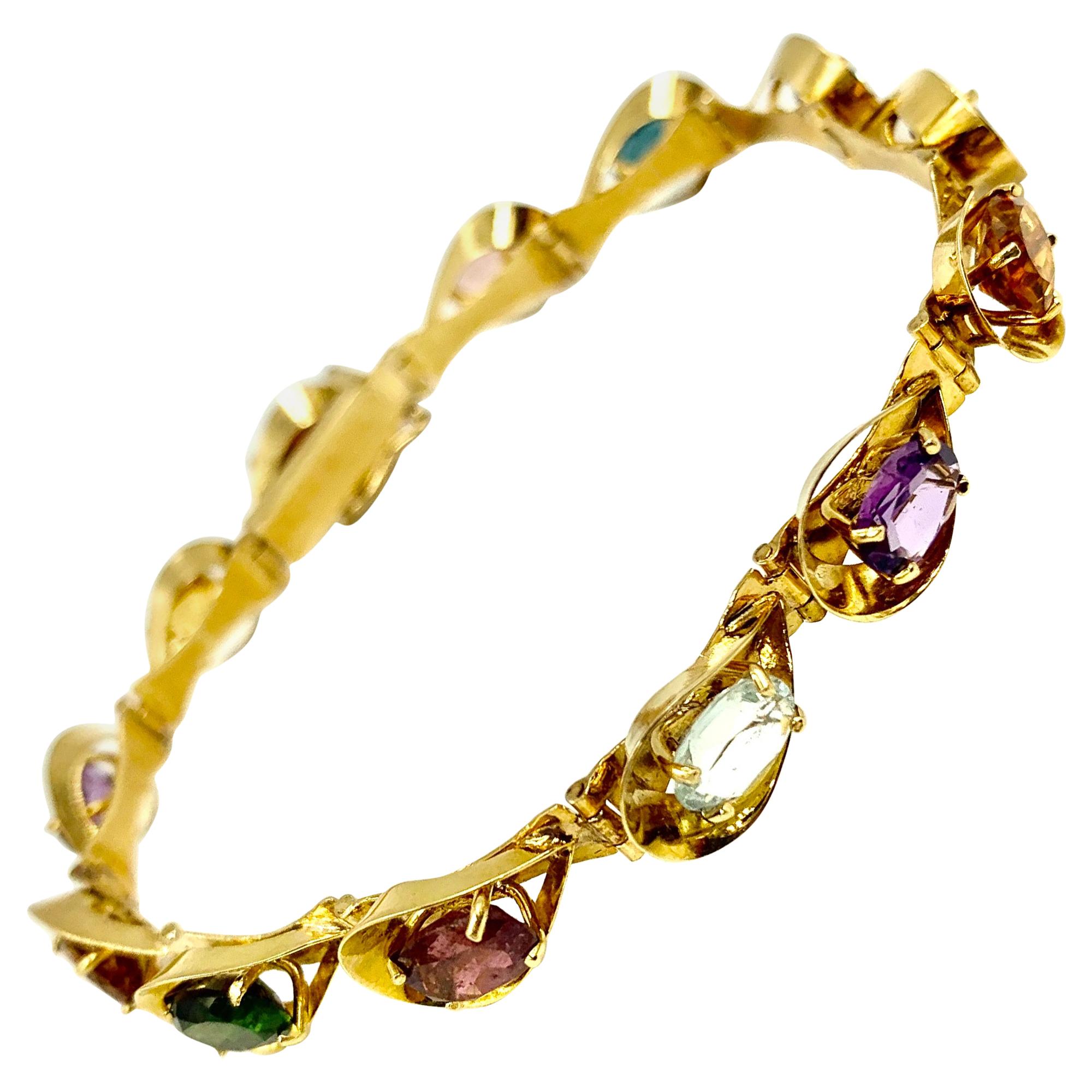 Rainbow of Gems European 18K Yellow Gold Multi-Colored Gemstone Link Bracelet