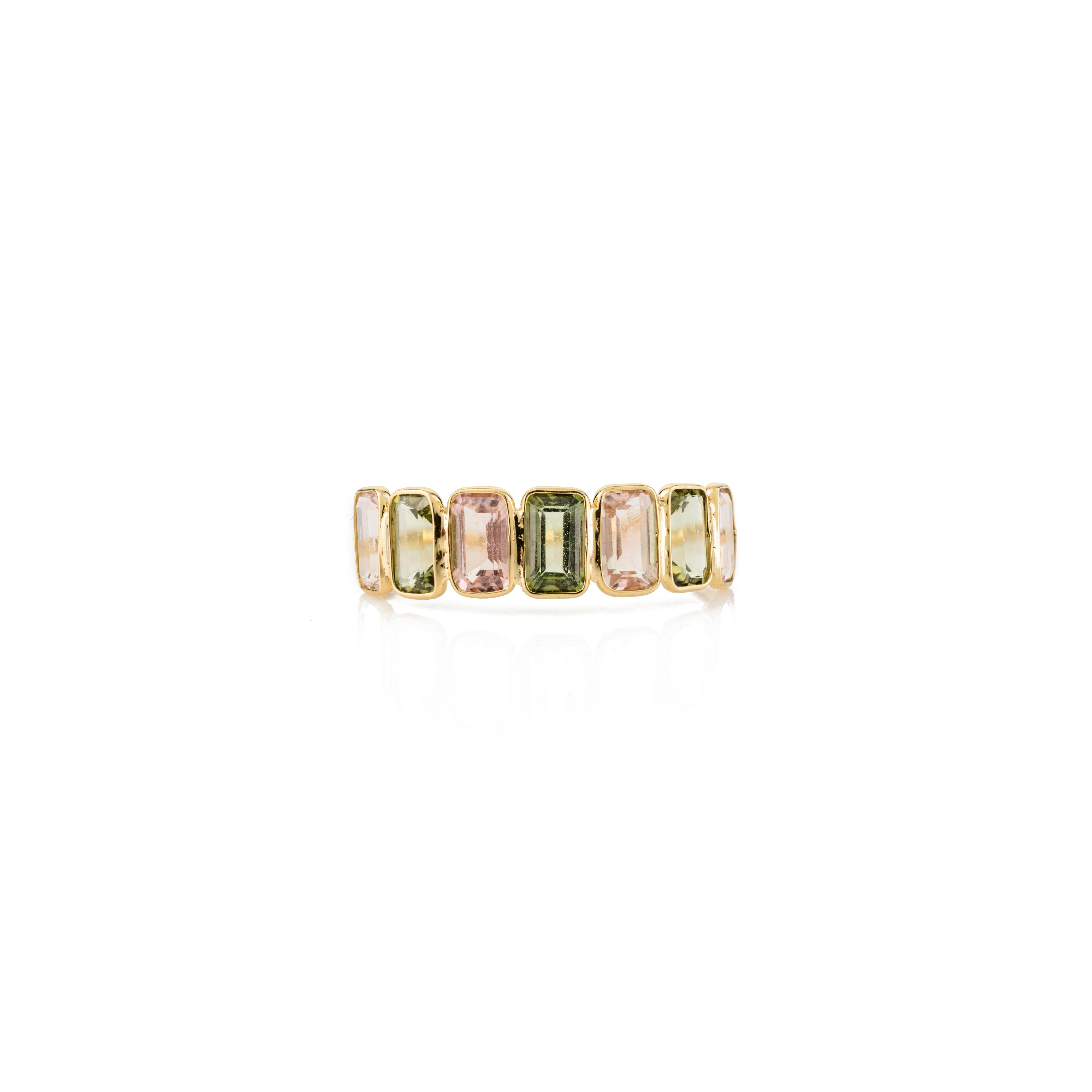 For Sale:  18k Yellow Gold Multi Colored Octagon Tourmaline Half Eternity Band Ring 5