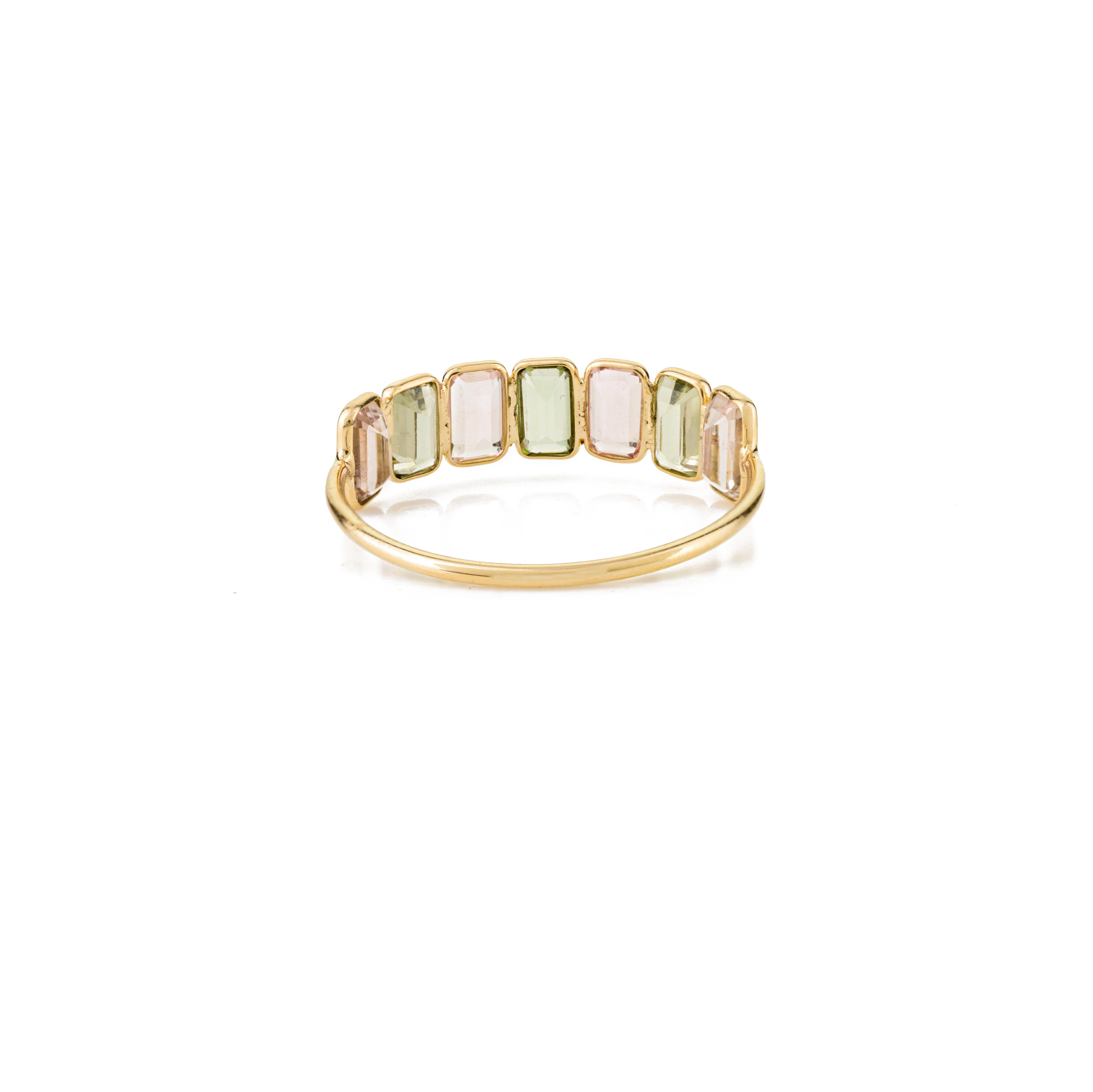 For Sale:  18k Yellow Gold Multi Colored Octagon Tourmaline Half Eternity Band Ring 8