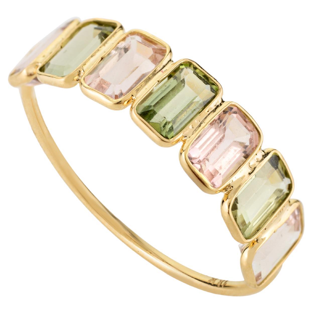 For Sale:  18k Yellow Gold Multi Colored Octagon Tourmaline Half Eternity Band Ring