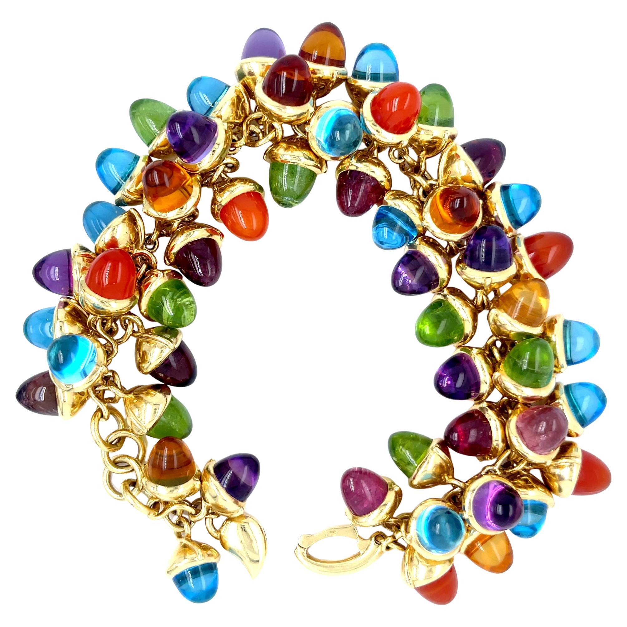 18k Yellow Gold Multi-Gem Acorn Charm Cabochon Bracelet 8" 136.6g