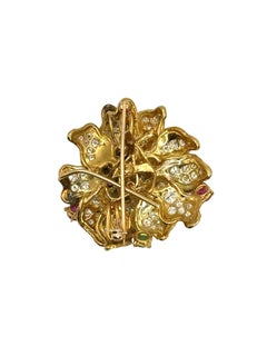 18K Yellow Gold Foliate Brooch with Diamonds, Rubies, Emeralds, and Sapphires