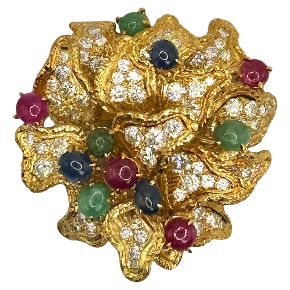18K Yellow Gold Multi-Gem and Diamond Brooch