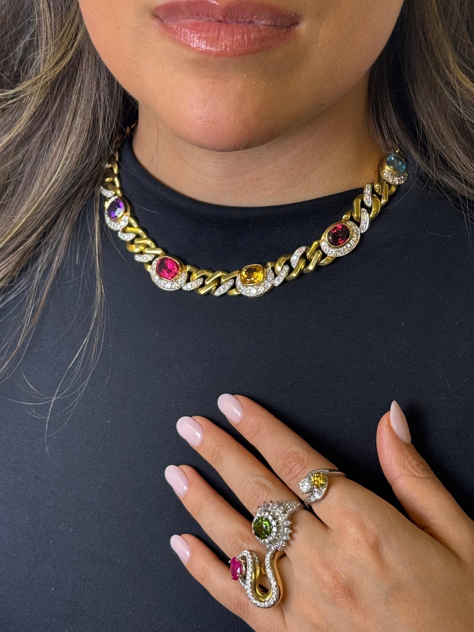 18K Yellow Gold Multi Gem and Diamond Necklace In Excellent Condition For Sale In Great Neck Plaza, NY