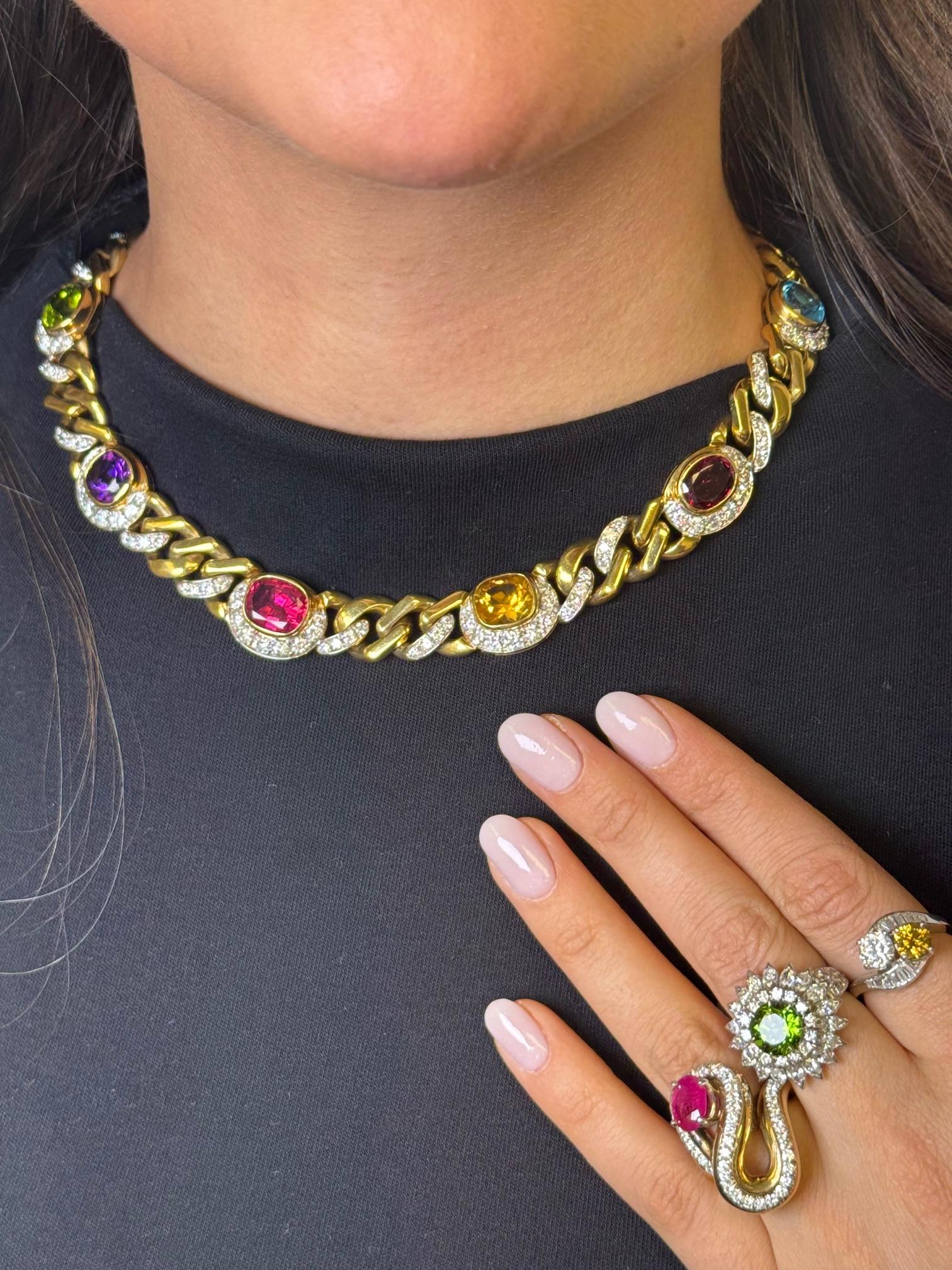 Women's or Men's 18K Yellow Gold Multi Gem and Diamond Necklace For Sale