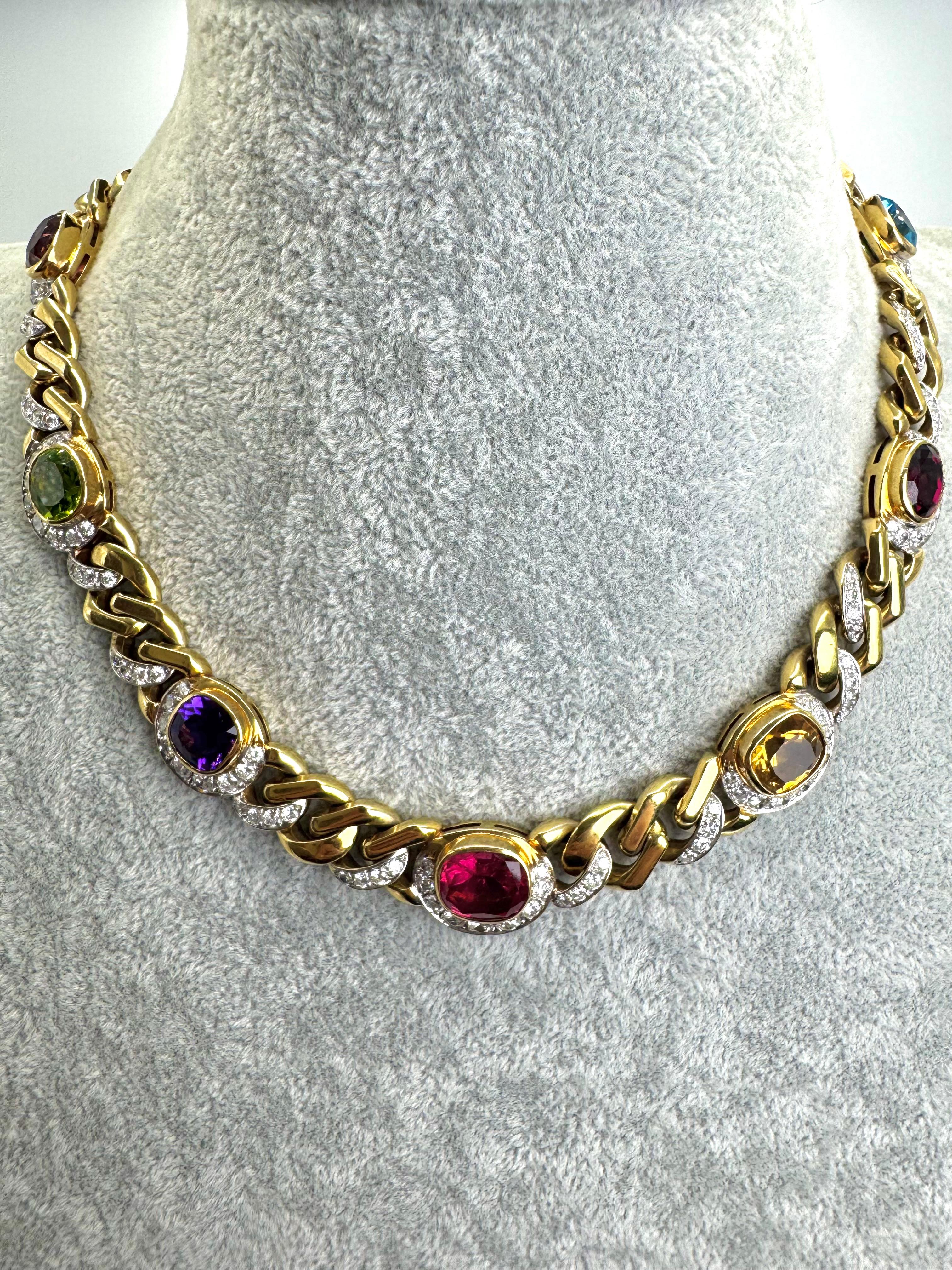 18K Yellow Gold Multi Gem and Diamond Necklace For Sale 1