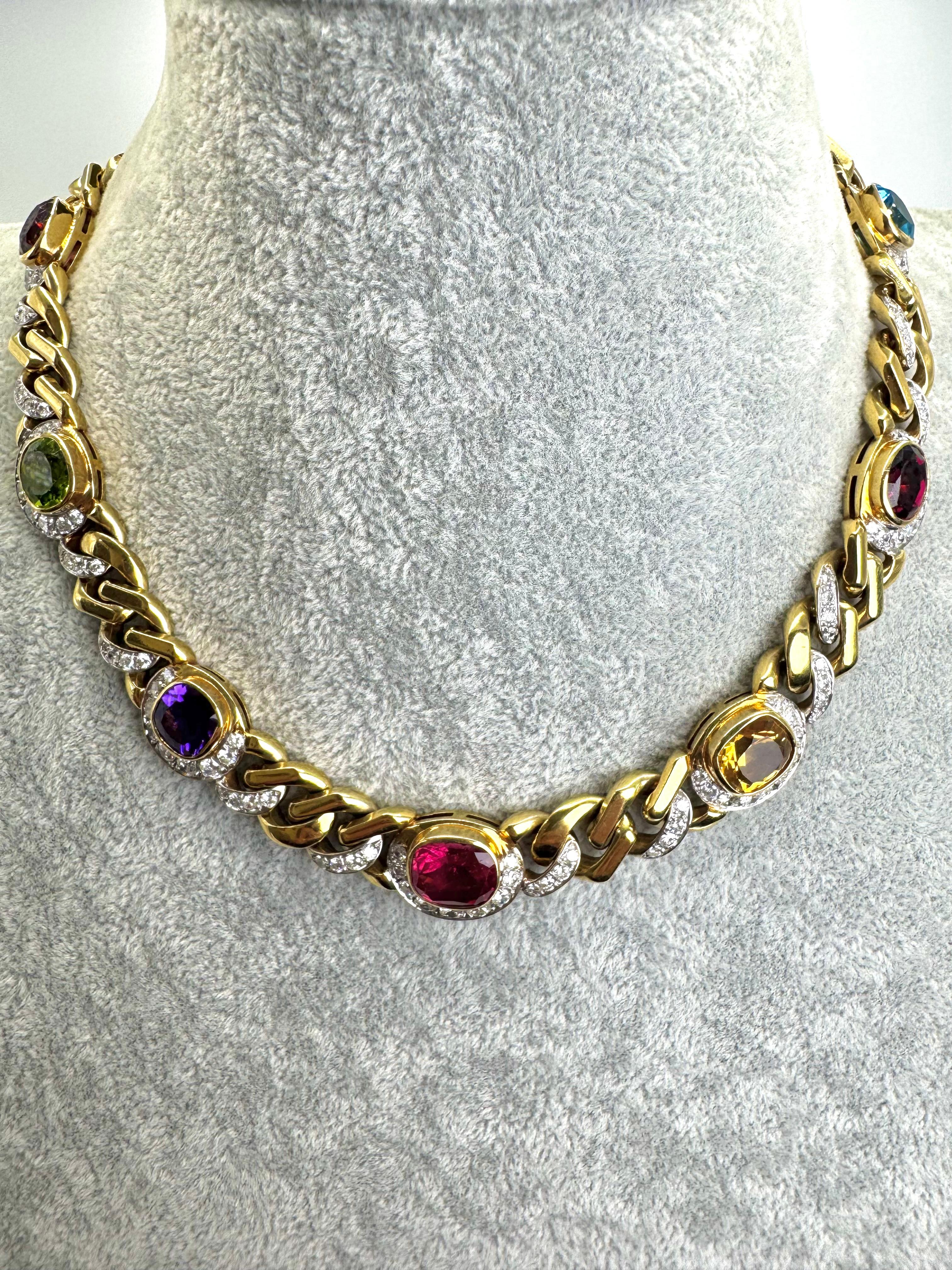 18K Yellow Gold Multi Gem and Diamond Necklace For Sale 2